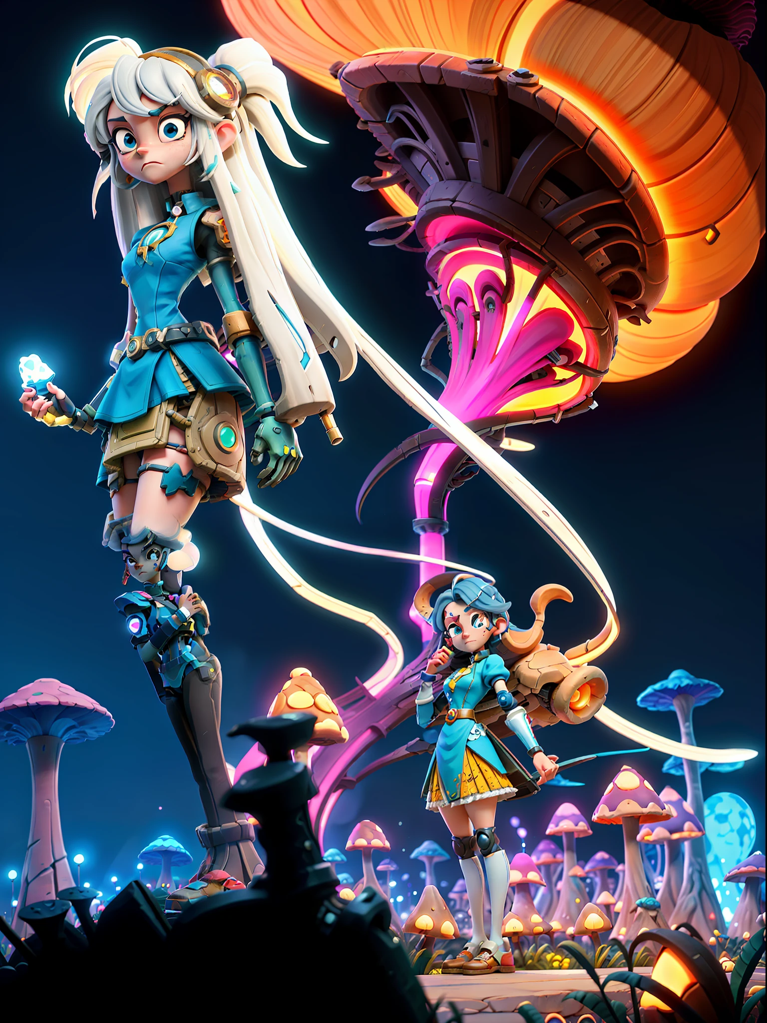 a woman standing in front of a mushroom filled city at night, sci-fi anime, anime cyberpunk, sci fi anime, ufotable art style, anime girl of the future, modern sci-fi anime, modern cyberpunk anime, afrofuturism anime, digital cyberpunk anime!!, ufotable, alice in wonderland cyberpunk, cyborg - girl with silver hair, dreamy psychedelic anime