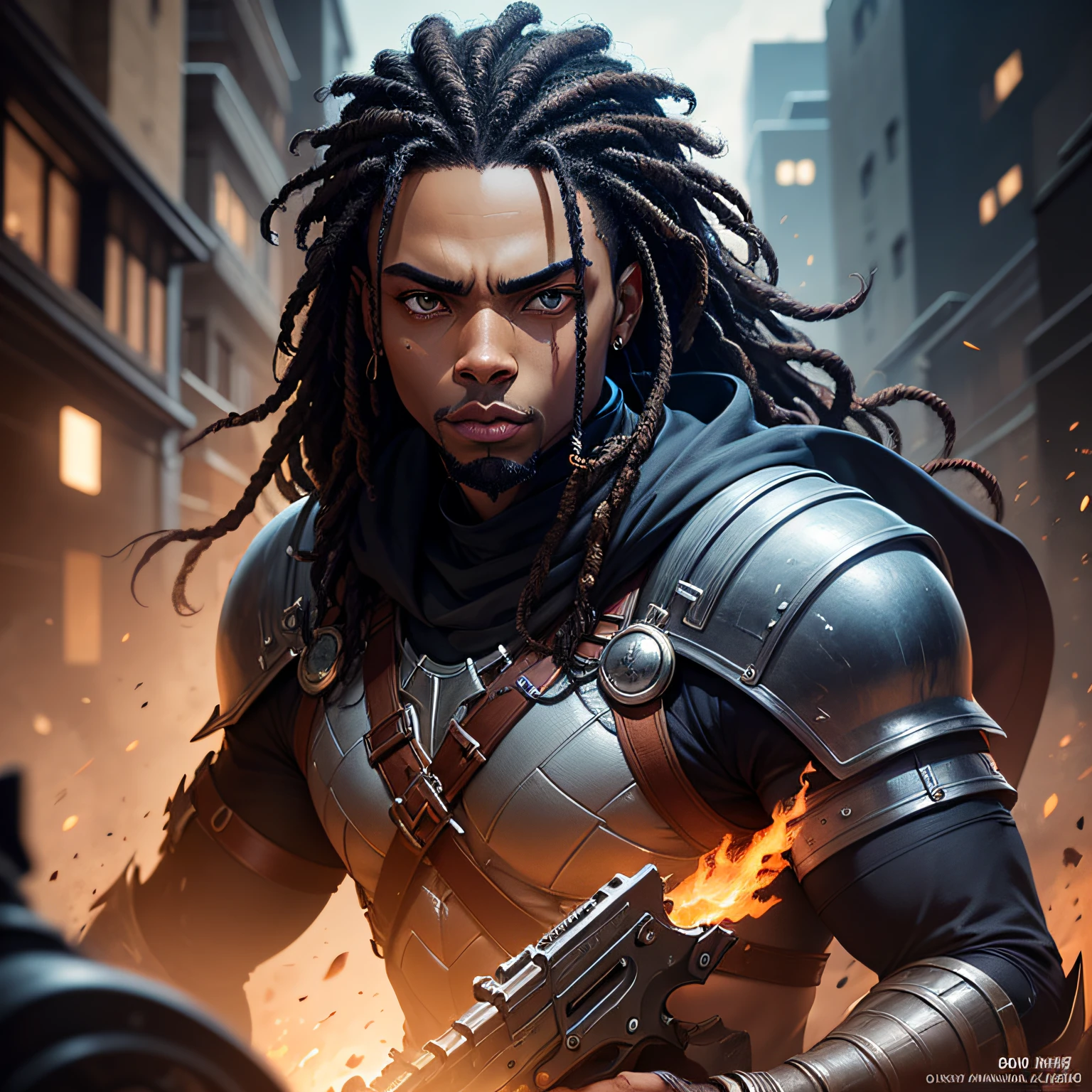 a close up of a person with dreadlocks holding a gun, badass anime 8 k, wakanda background, afrofuturism anime, wakanda, official art, handsome guy in demon slayer art, high detailed official artwork, detailed fanart, high quality digital concept art, 8k high quality detailed art, high quality concept art, darksiders art style, epic digital art illustration --auto