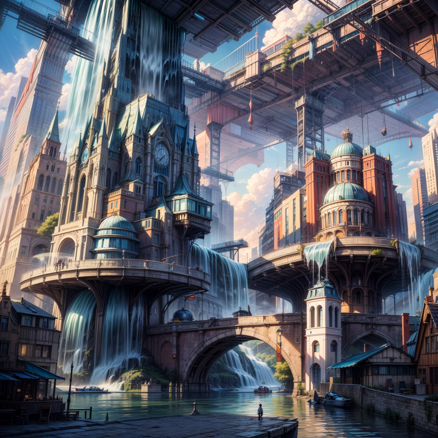 masterpiece, highly detailed, realistic, (retro futuristic city), skyscrapers, monorail, (water, canals, bridges, waterfall), colorful, clouds, colorful