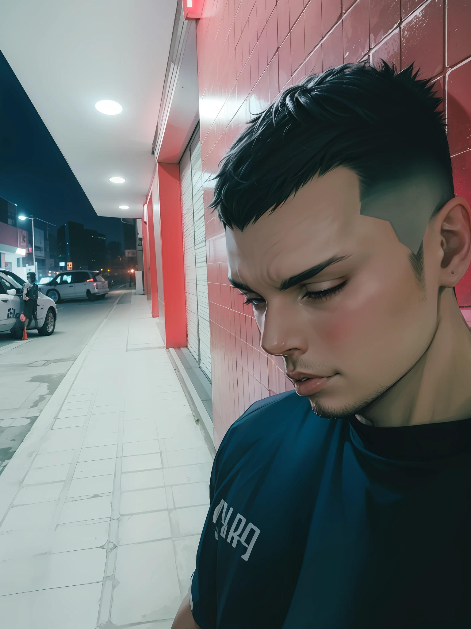 Cyberpunk male, 20-year-old boy with Brazilian face and round chin without beard, short hair, crop haircut, black eyes, no pimples on his face and with tattoo under his eye with red ink written love in Japanese, cyberpunk style scenario, 4k, realistic