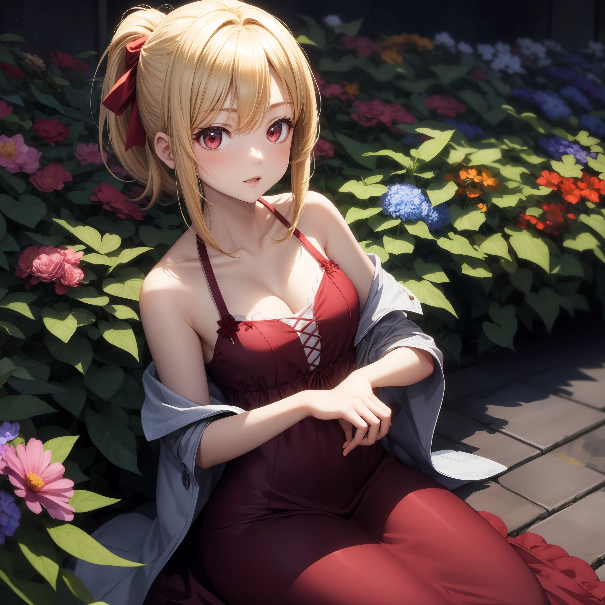 anime, girl single, blonde, ponytail, red eyes, red ribbon, dress, off-the-shoulder, flower garden,