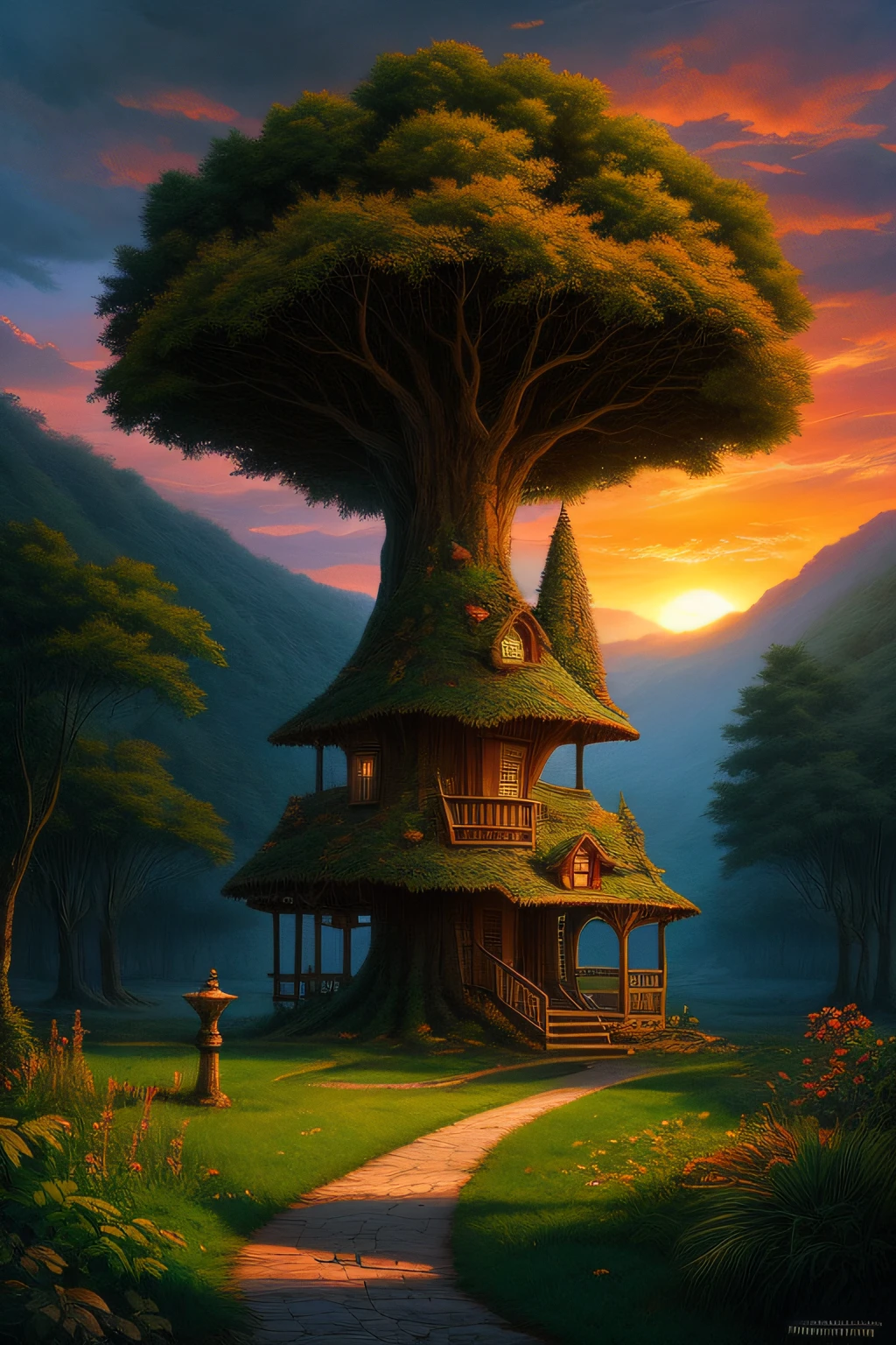 dreamlikeart valley, fairytale treehouse village covered,, matte painting, highly detailed, dynamic lighting, cinematic, realism, realistic, photo real, sunset,detailed, high contrast, denoised, centered, michael whelan