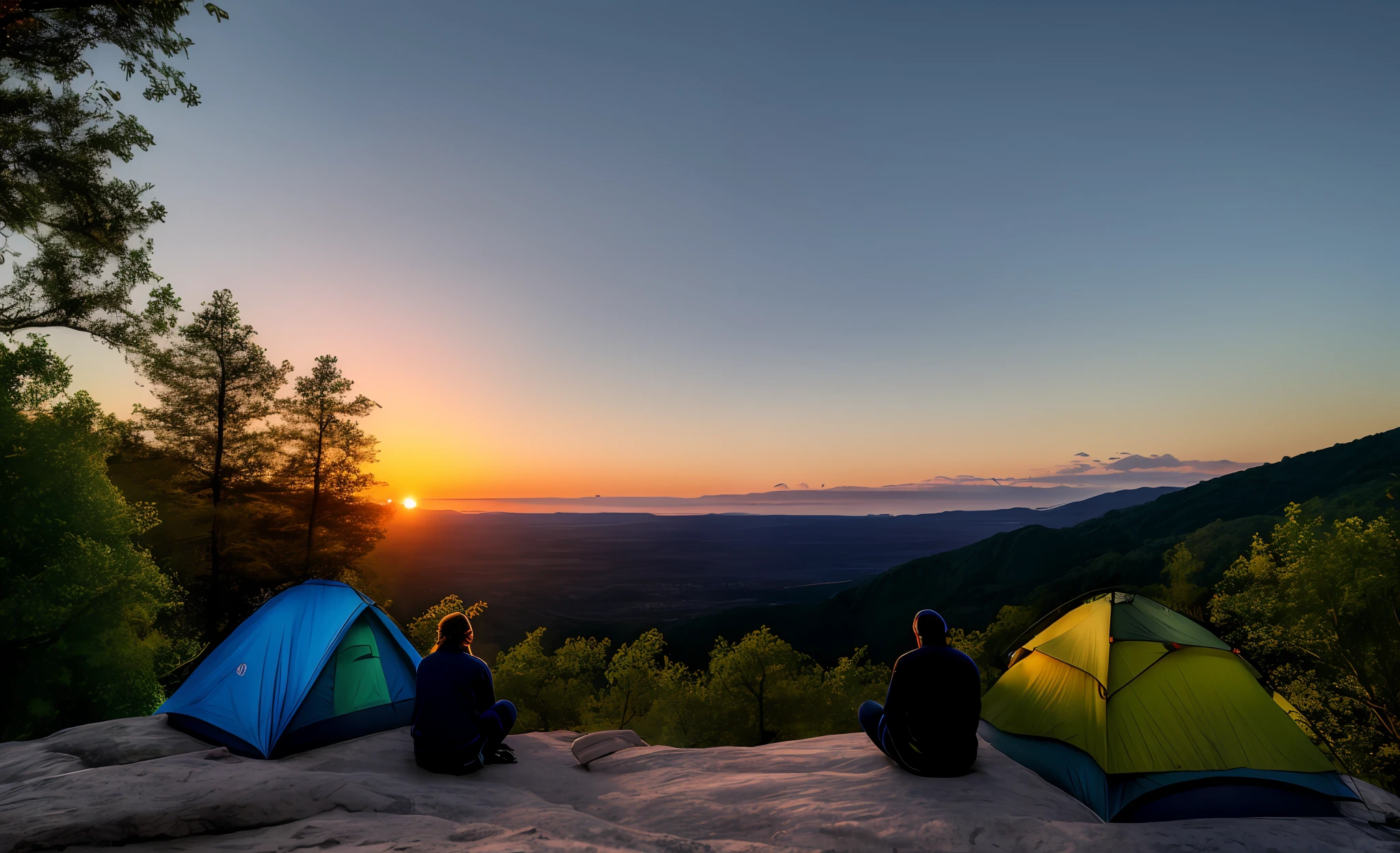A couple camping on the top of the mountain coasts contemplating the beautiful magical sunset mystical ultra realistic great quality well detailed masterpiece Canon 50 depth field 1:8 intricate photo professional image cinema impressive realism