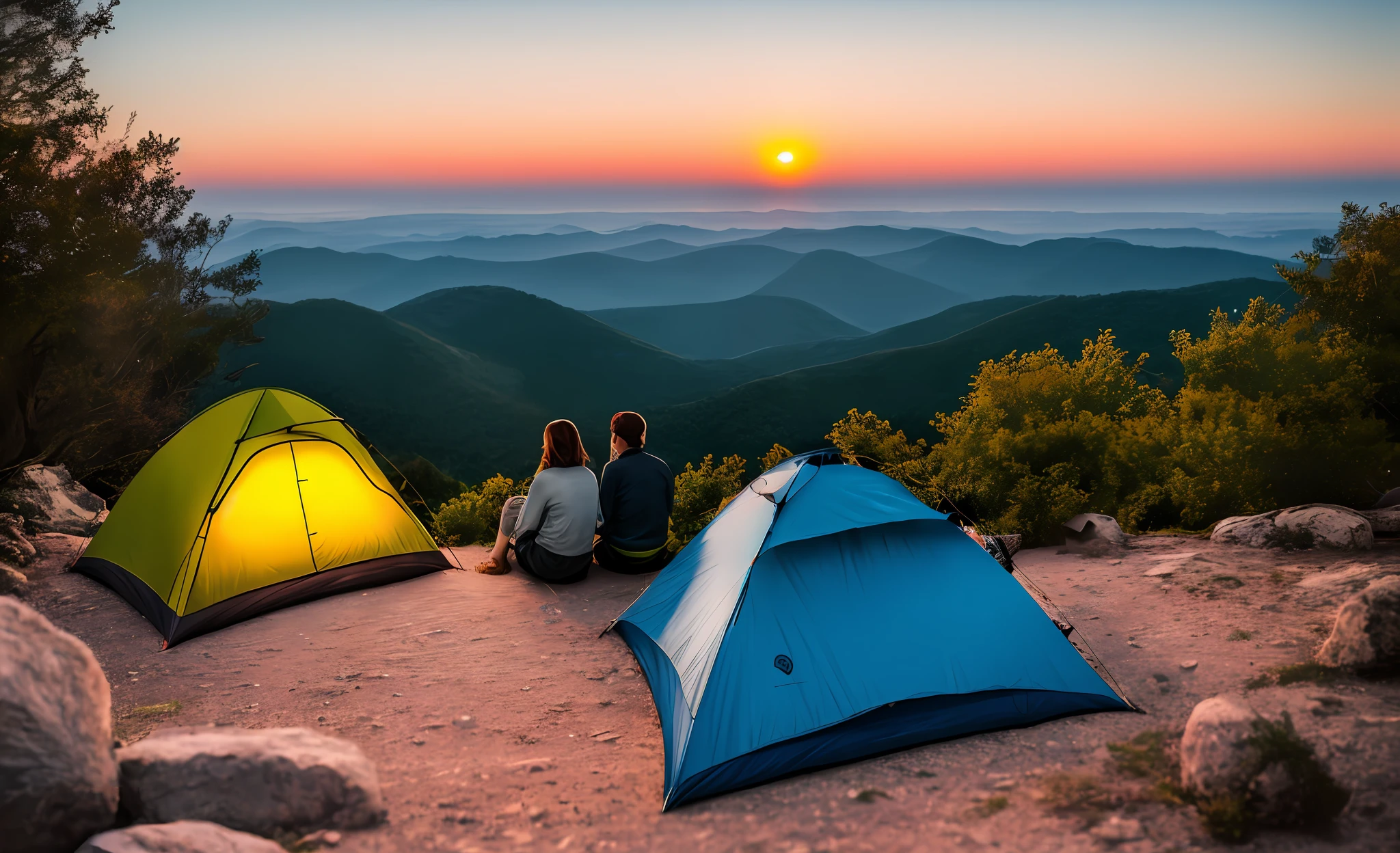 A couple camping on the top of the mountain coasts contemplating the beautiful magical sunset mystical ultra realistic great quality well detailed masterpiece Canon 50 depth field 1:8 intricate photo professional image cinema impressive realism