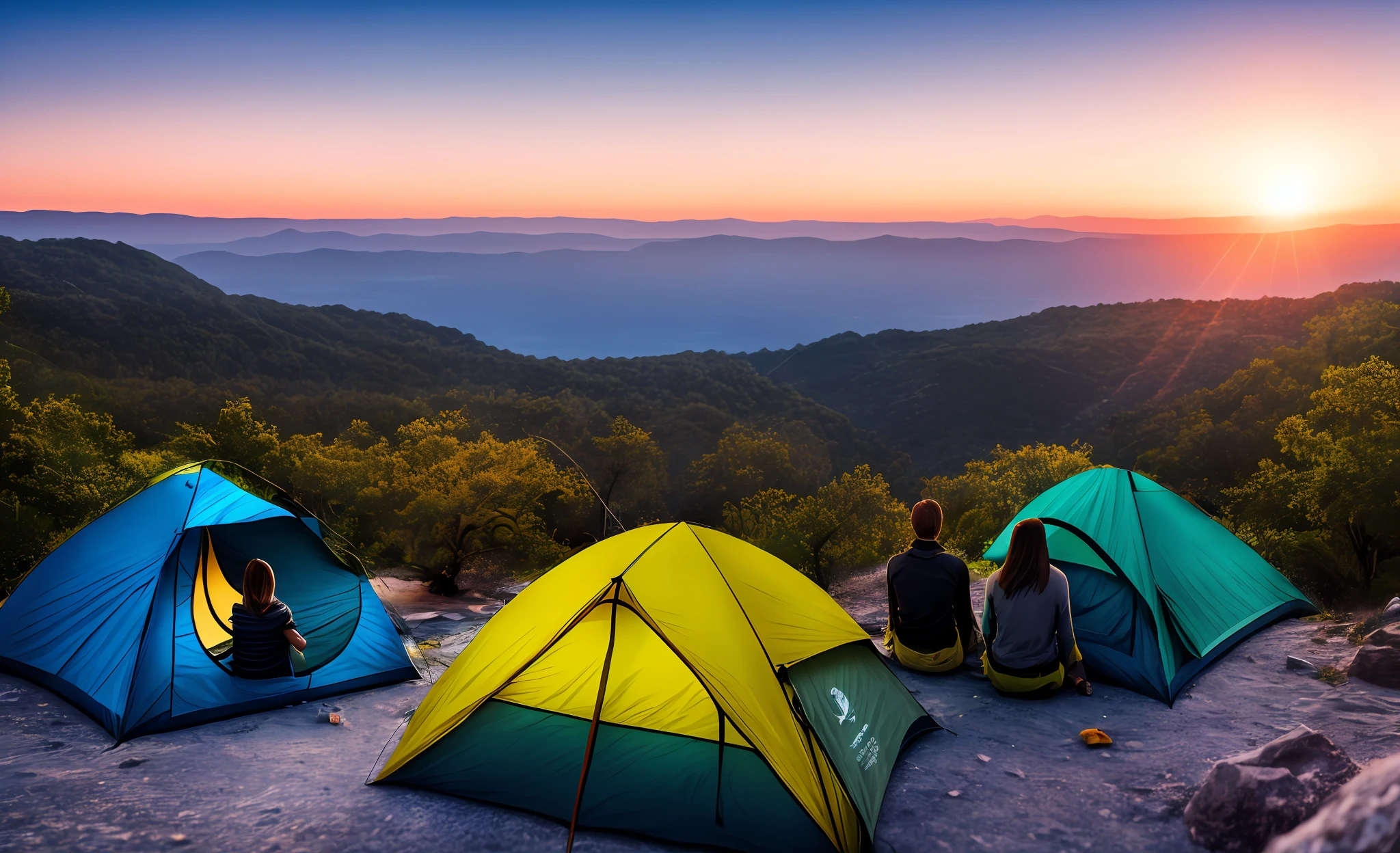 A couple camping on the top of the mountain coasts contemplating the beautiful magical sunset mystical ultra realistic great quality well detailed masterpiece Canon 50 depth field 1:8 intricate photo professional image cinema impressive realism