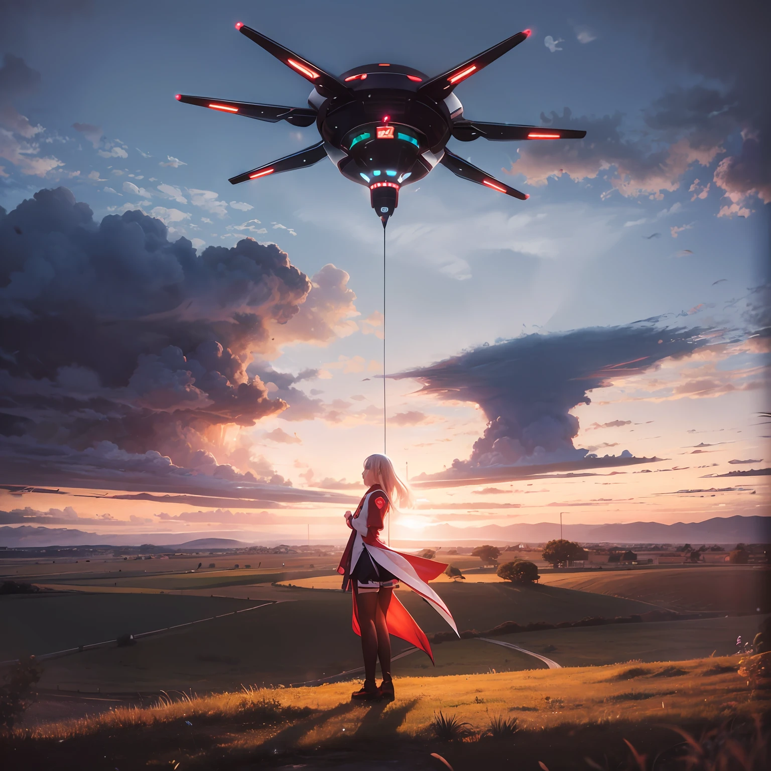 a futuristic girl, wearing a red sash, over a vast sky, the beautiful horizon, the great pastures, the extremely tense and dramatic images, the moving visual effects, the suspended Polaris and the colorful natural light. Long-sleeved top, the vast sky, large pastures, moving visual effects, colorful natural light and a girl wearing a long-sleeved top and shorts with a backpack can be seen in the distance in the middle of the meadow.