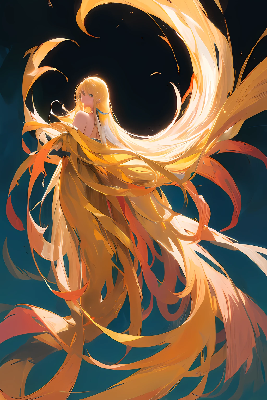 ((masterpiece, top quality, super definition, high definition)), solo, beautiful girl, super long hair, golden hair, perm, dark background