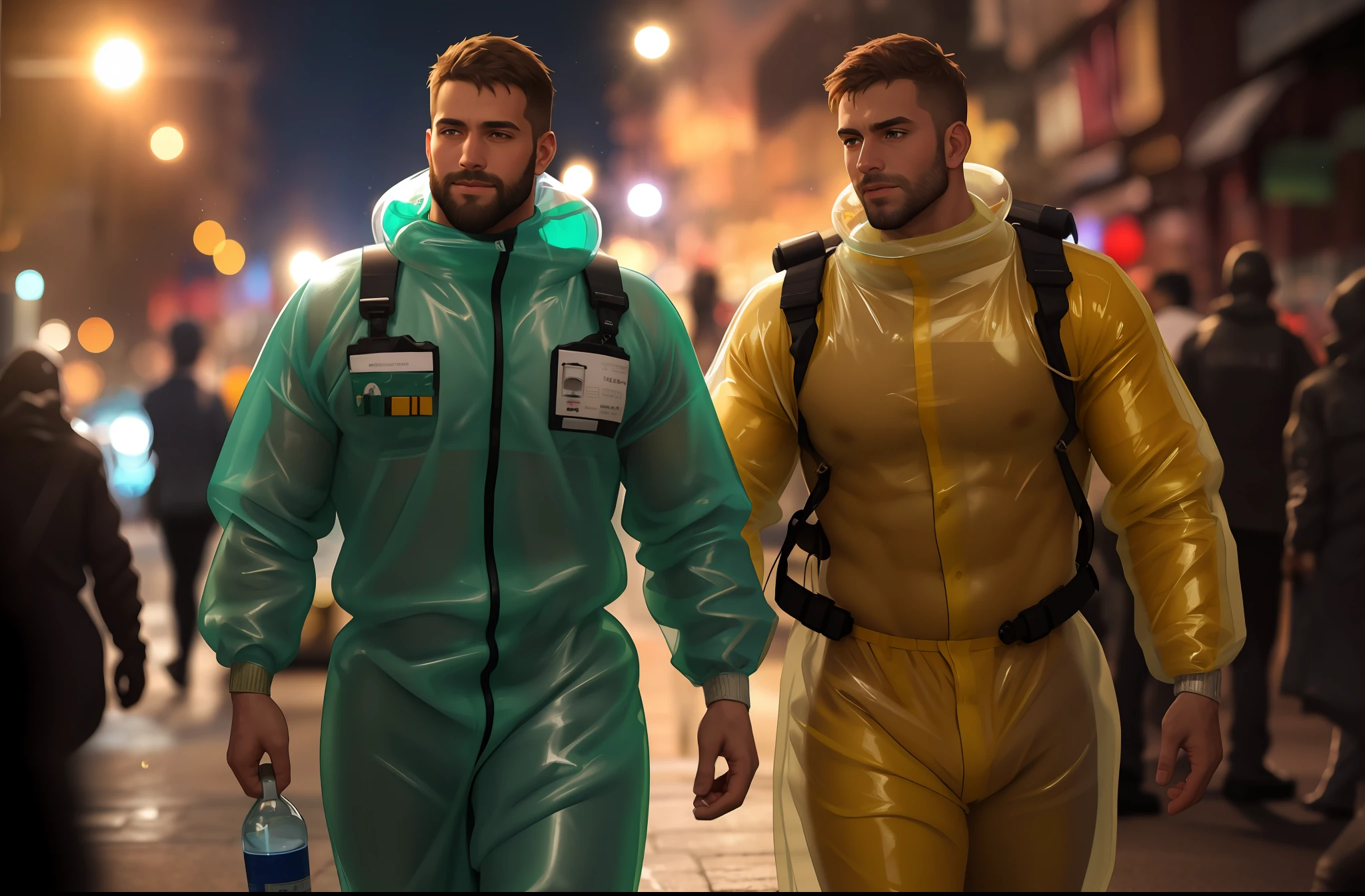 photo of muscular bearded (man) in a worn ((skin-revealing skimpy erotic green hazmat suit, massive hairy pecs)), big pecs, big arms, large bulge, ((light bokeh)), intricate, (steel metal [rust]), elegant, erotic, exuding sexual energy, homoerotic, sharp focus, photo by greg rutkowski, soft lighting, vibrant colors, (masterpiece), ((streets)), (detailed face)