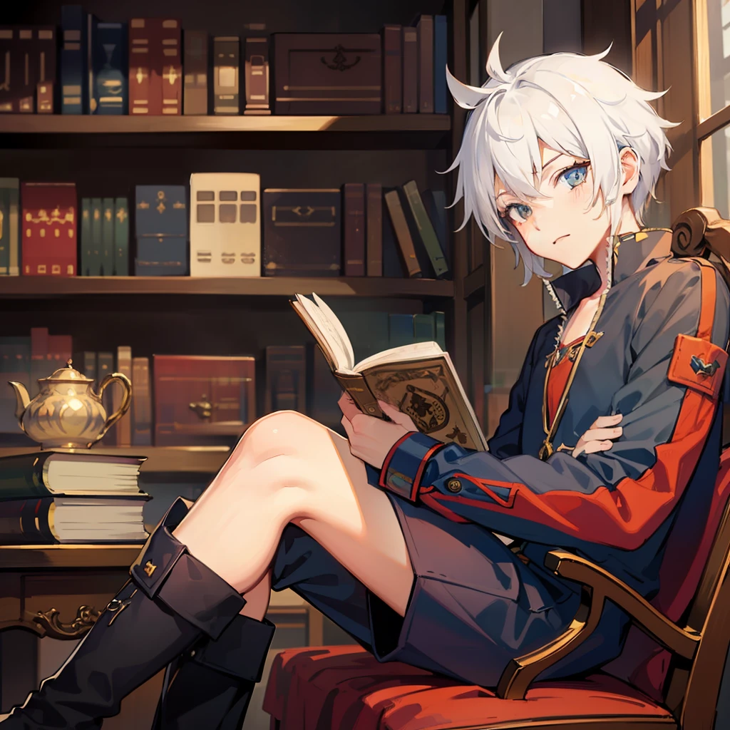 crossed legs,masterpiece, top quality, illustration, 1boy, smug,cute,wizard,spiked hair,white hair,bookshelf,desk,more books