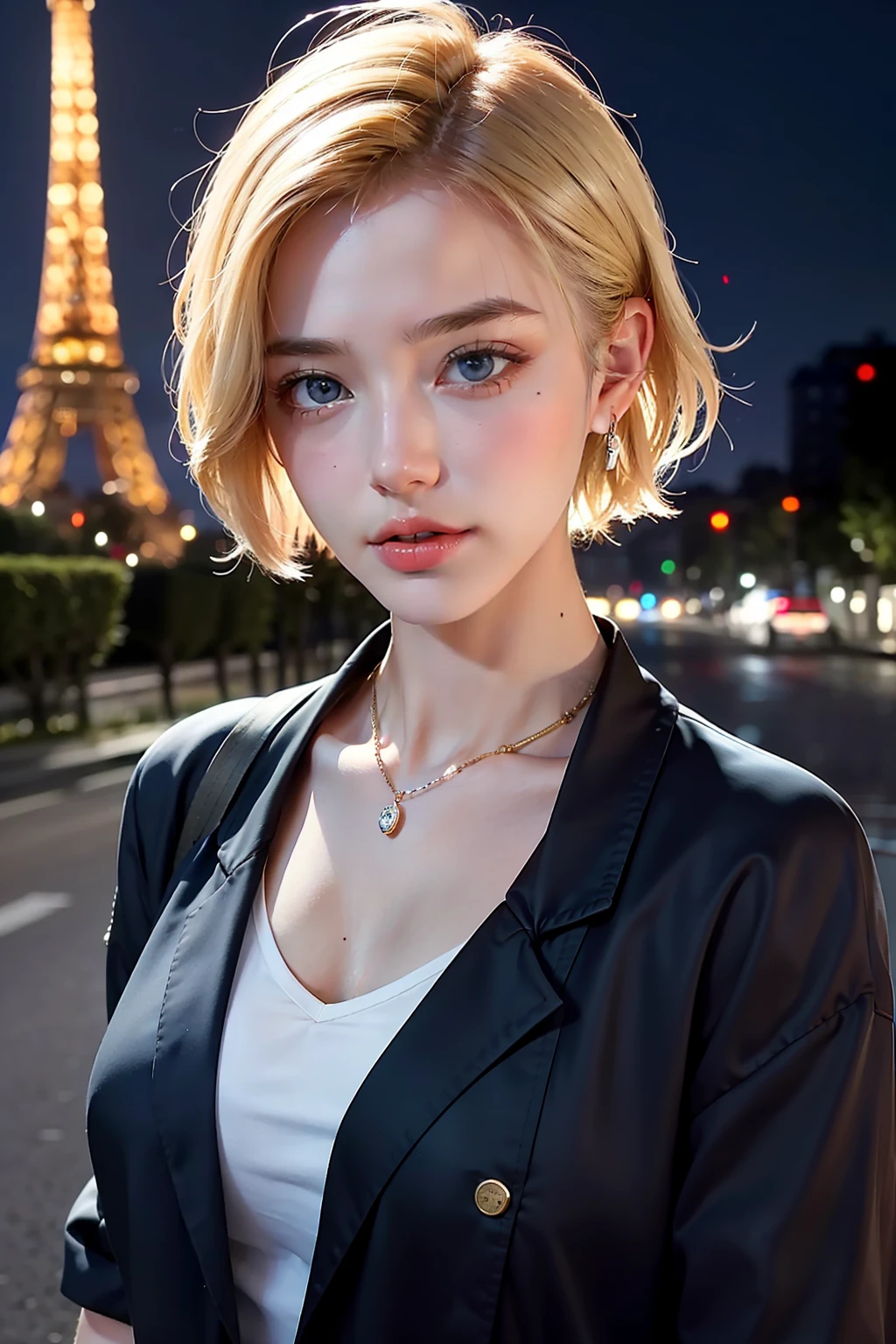 girl, 20 years old, blonde, beautiful, short hair, blue eyes, Paris street with Eiffel tower in the background, night, 1980s cityscape, city lights, upper body, close-up, 8k, RAW photo, best quality, masterpiece, realistic, photo-realistic, does not look at the camera, distant look, bright eyes