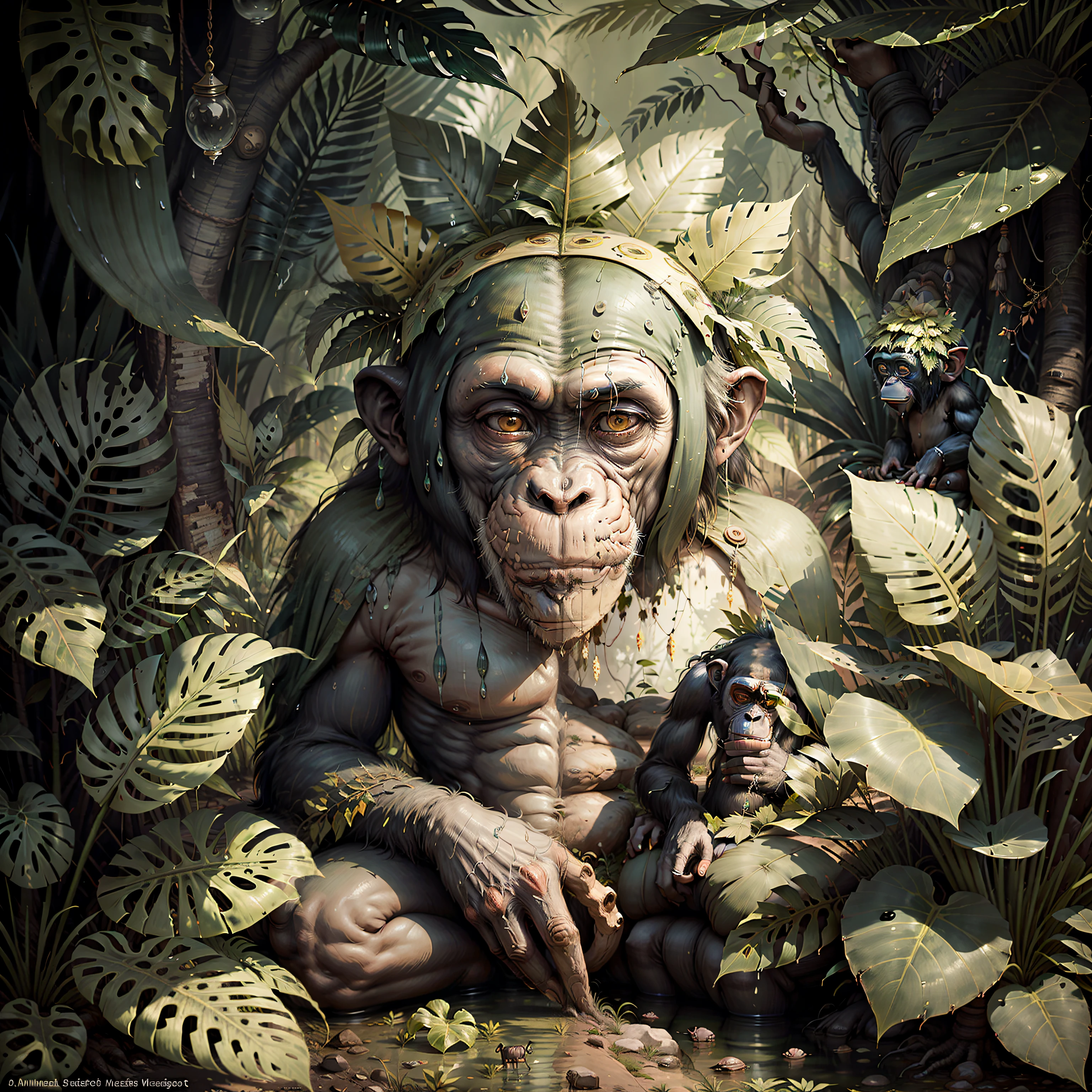 Chimpanzee meditating in a dense jungle, he wears headdress with colorful feathers on his head, looking from the front, body facing the camera, around him many foliage wet after heavy rain,,((masterpiece)), award-winning art