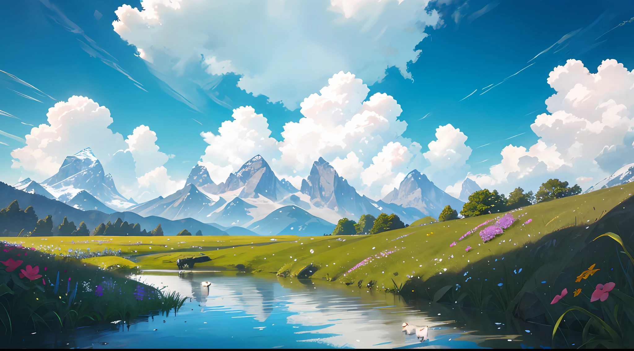 Summer, meadows, a few small flowers, clear lakes, sheep, heaven, large clouds, blue sky, hot weather, HD detail, hyper-detail, cinematic, surrealism, soft light, deep field focus bokeh, distant vistas are snowy mountains, ray tracing, and surrealism. --v6