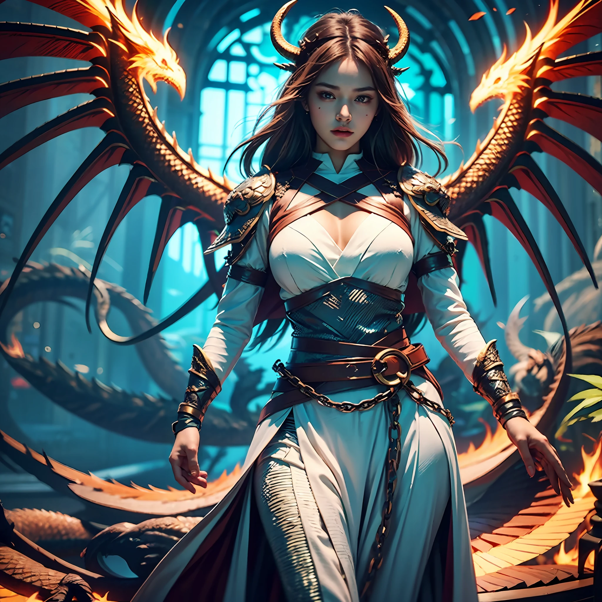 A beautiful girl with a rainbow dragon, ((girl wearing a long robe)), (wearing chain mail: 1.4), (long cloth pants: 1.2), (chain mail with dragon scales), long hair, graceful, wisdom, courage, rainbow dragon, scales, horns, flames, wings, dragon claws, dragon protecting the girl, background for ancient forest, mysterious connection, protection, trust, realistic quality, realism, 8k, best quality, masterpiece, cinematic quality, high chiaroscuro, octane rendering