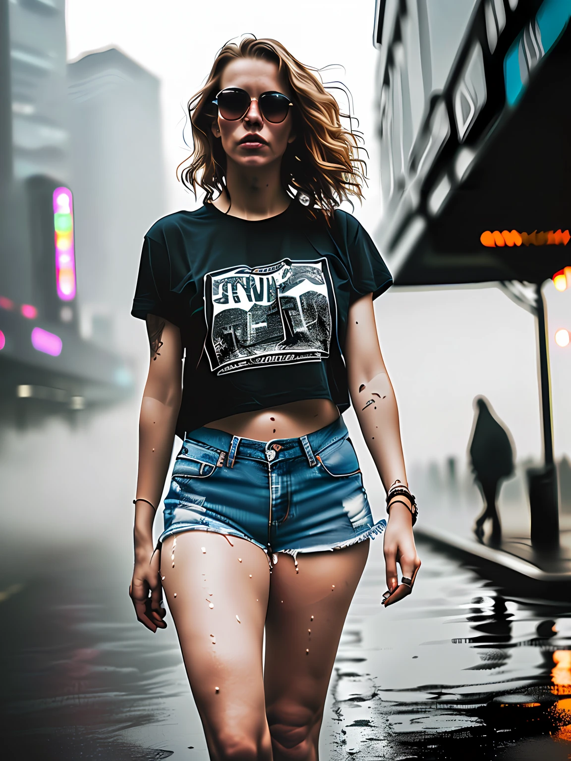 Beautiful woman with wavy blonde hair Detailed attractive eyes Long and sexy legs between thighs wearing tiny shorts Ramones band print T-shirt, in beautiful futuristic cyberpunk+ city, mist, wet, raining, best quality masterpiece, photorealistic, detailed, 8k, HDR, shallow depth of field, wide light, high contrast, backlight, flower, light sparkles, chromatic aberration, sharp focus, RAW color photo