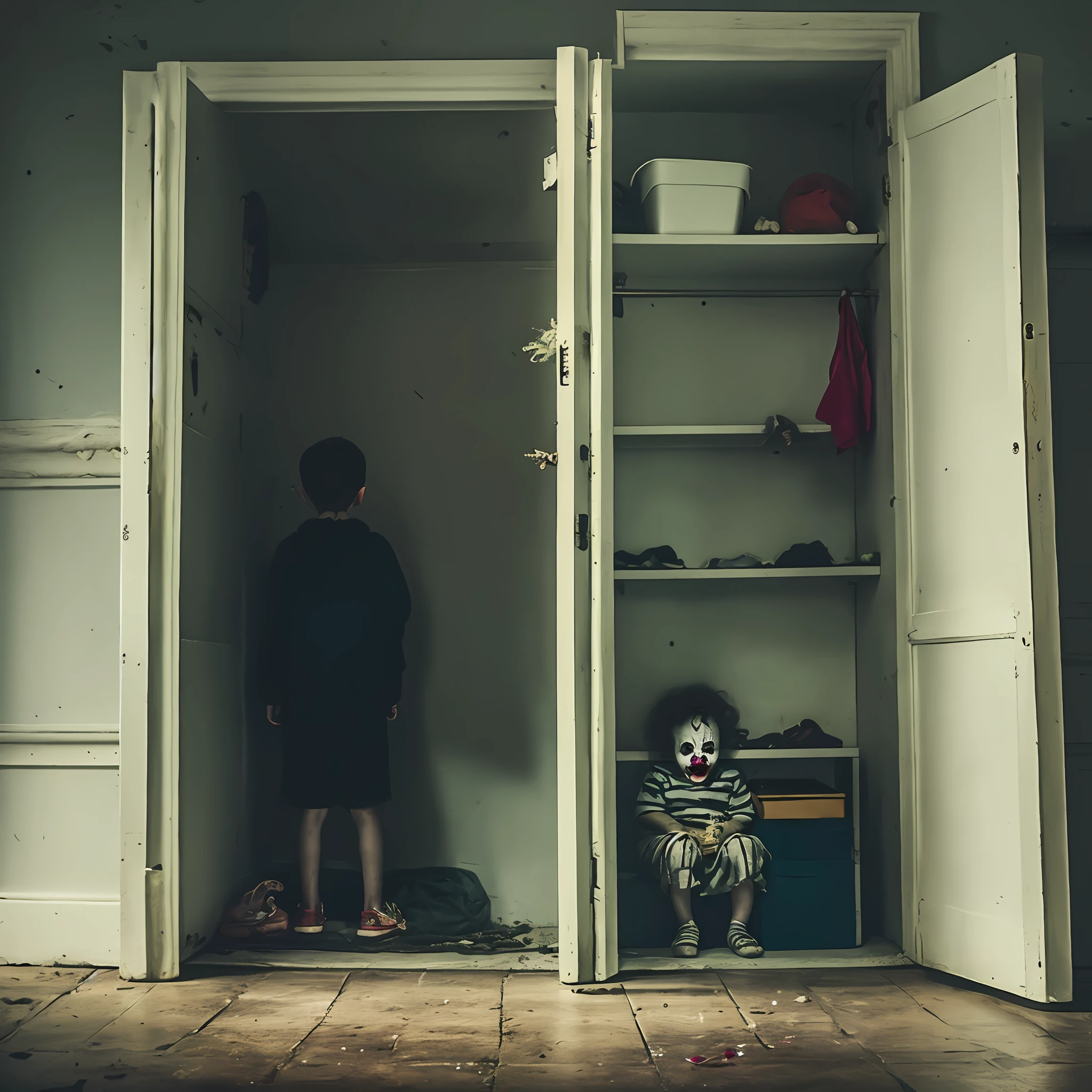 Clown watching child through wardrobe 

, dynamic lighting, photorealistic, trends in the art station, stunning visuals, nebulous, creative, cinematic, ultra detailed, atmospheric, ambient lighting, scary art, bad quality, heavy film grain, desaturated, dark tones, horror, terror, nightmares,