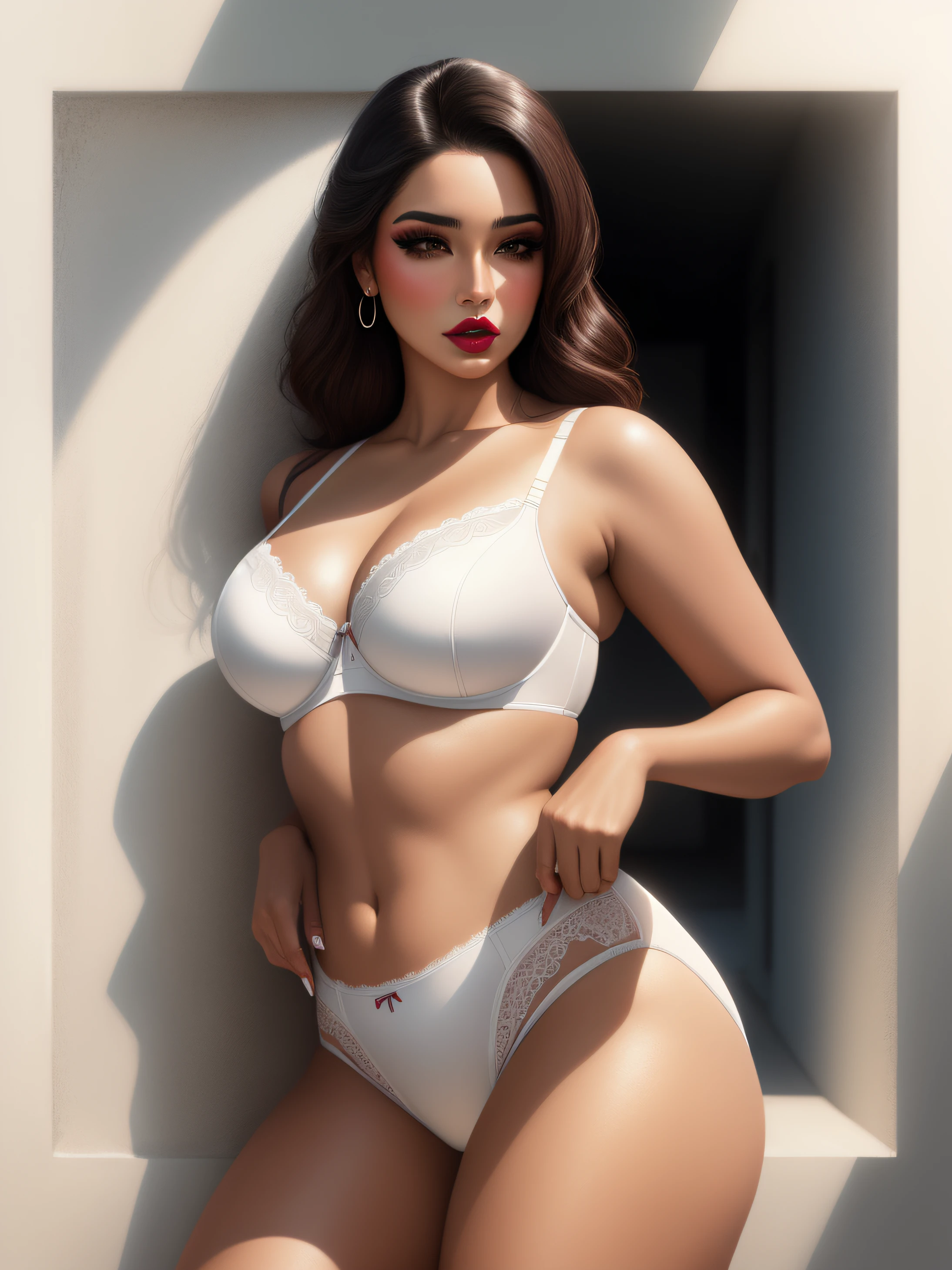 Curvy Hispanic woman, in white bra, pulling up white high cut panties, wearing eye-shadow and lipstick, realistic art style, intricate details