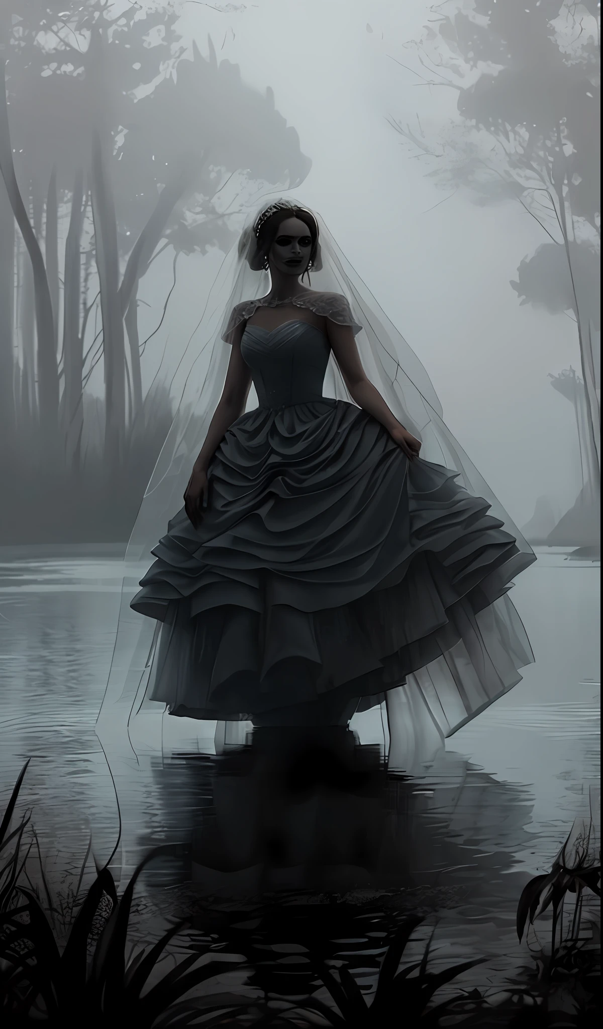 Scary scary scarer woman in translucent wedding dress in dark swampy pool