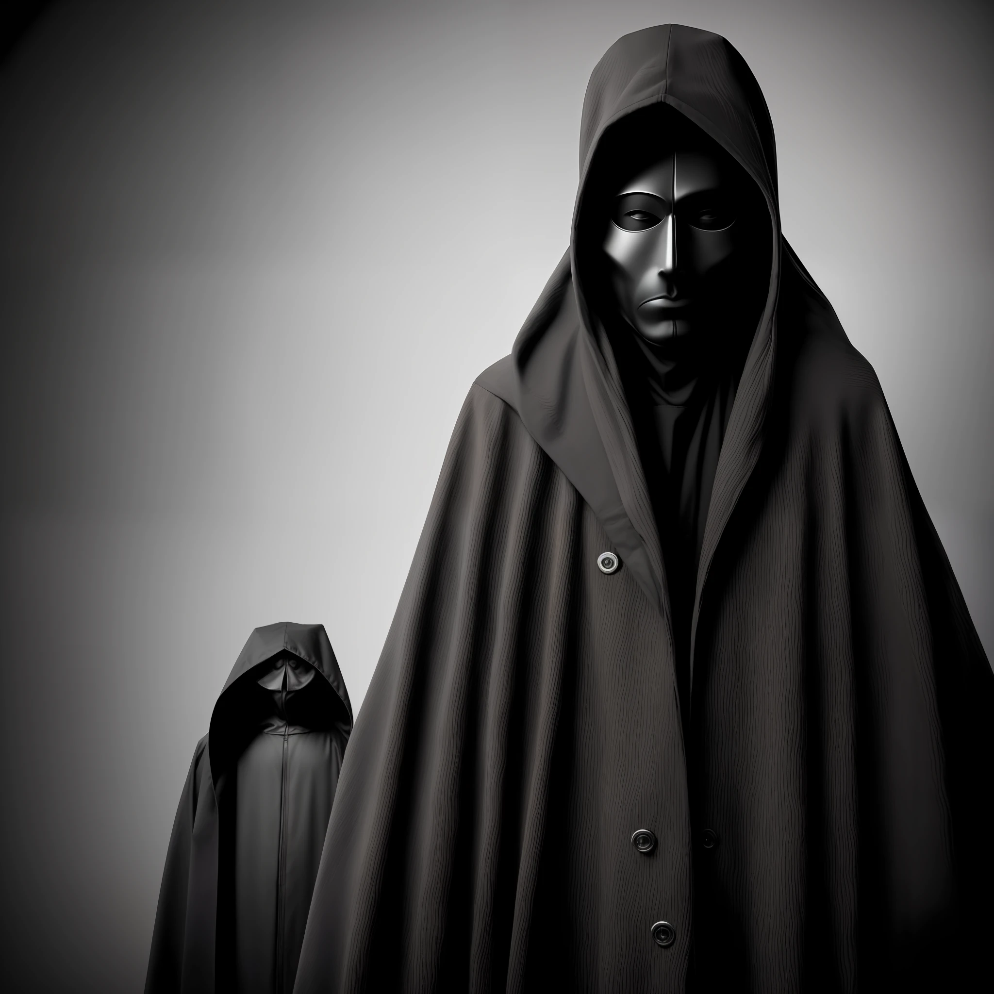 rounded image of a man in a robe and a coat, surreal hooded figure, hooded figures, hooded man, hooded figure, wearing sci-fi hooded robe, camouflaged, dark hooded figure, man in black robes, hooded dress, goth wearing dark hooded cape, hooded distant figures, dark dress, covert figure
