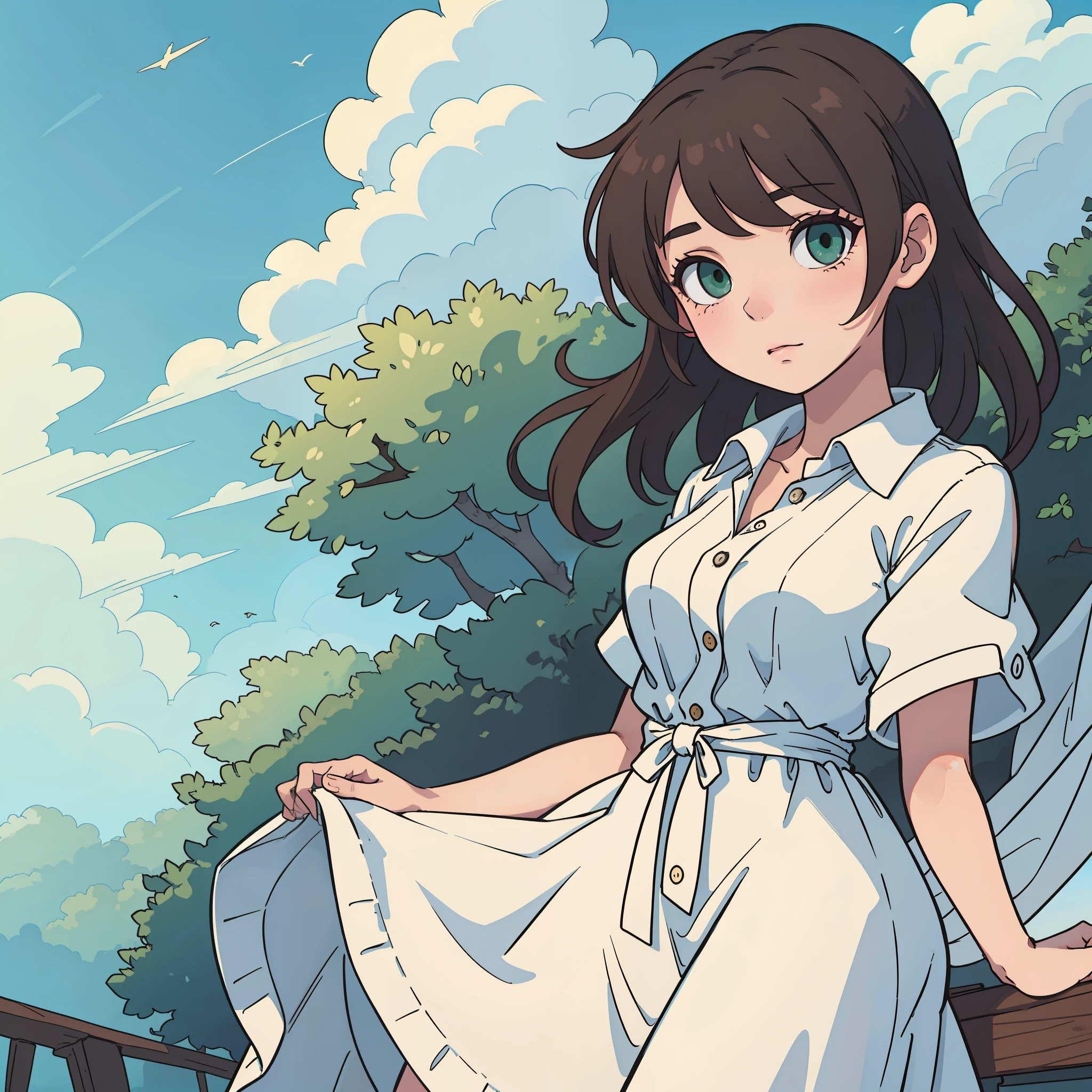 masterpiece, best quality, high quality, 1girl, brown hair, BREAK green eyes, long dress, outdoor, cloudy weather