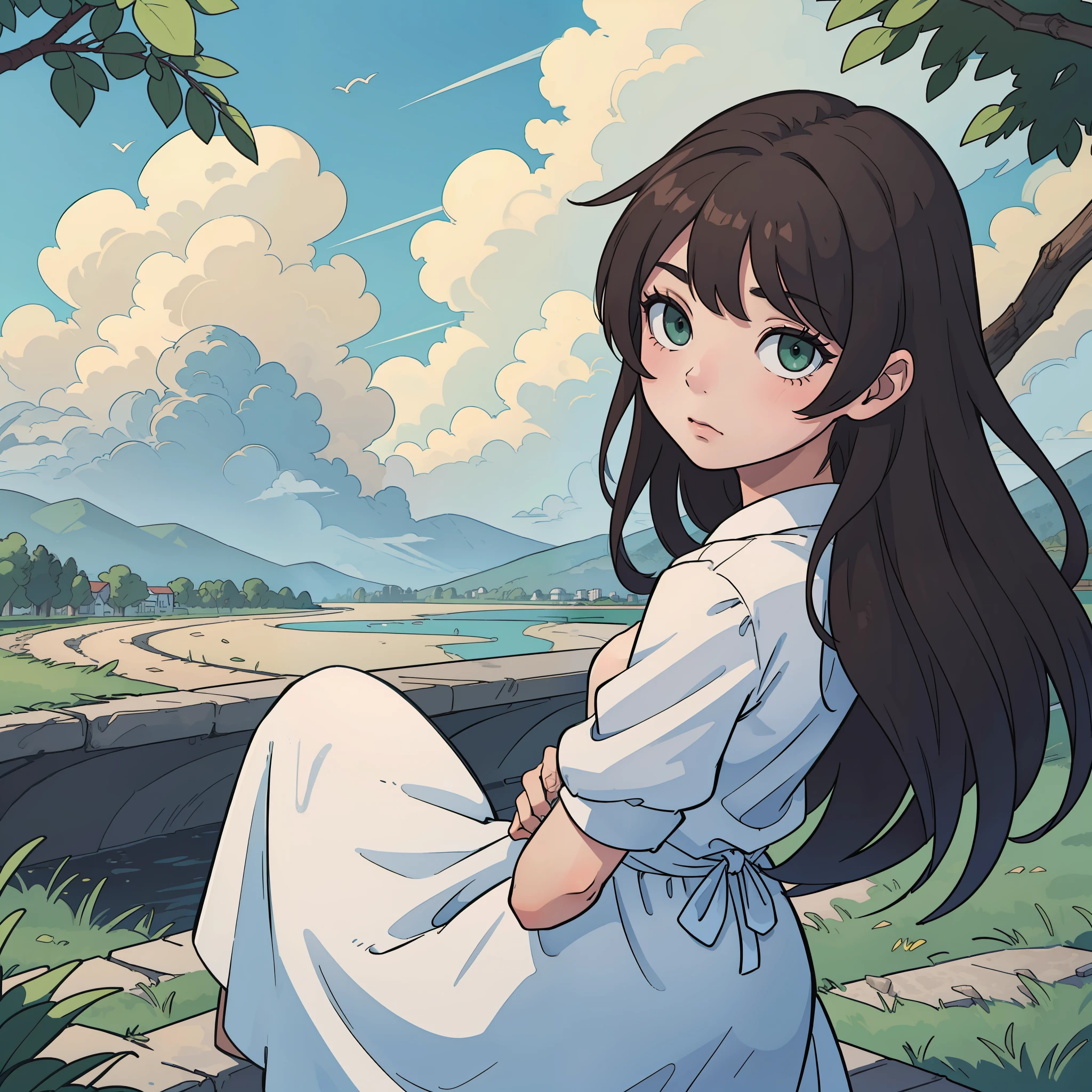 masterpiece, best quality, high quality, 1girl, brown hair, BREAK green eyes, long dress, outdoor, cloudy weather
