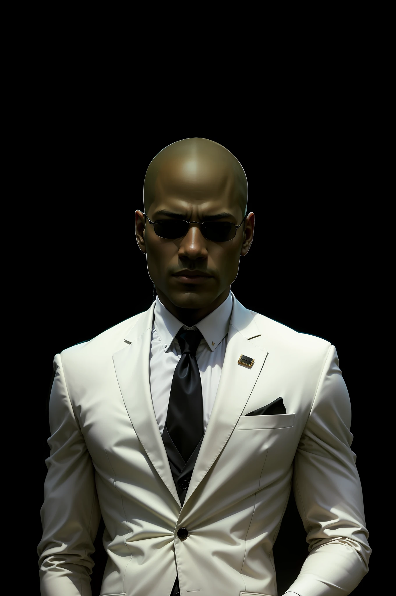 Replace White suit with dark black suit in the selected area.