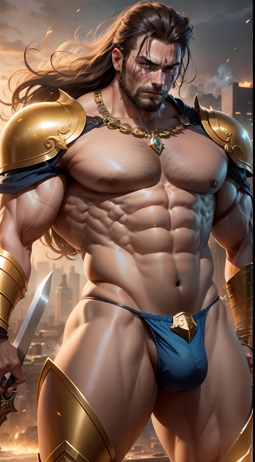 warrior man with big sword, muscular man of micro loincloth with bulge, sword in hand, bulge in micro loincloth, city background, bright and gleaming sword, quality image, best quality, in attack position, realistic details, magic particles, whole body image, clothes with golden details, long hair tied, scar on face, image catching all body,  boots with golden details, blood particles, golden armor, uncovered abdomen, micro leather thong, scar on chest, part of leather armor, manly man, man with big hair, big bulky muscles, whole body, medieval scenery, photo particles, rays of sunlight in the background