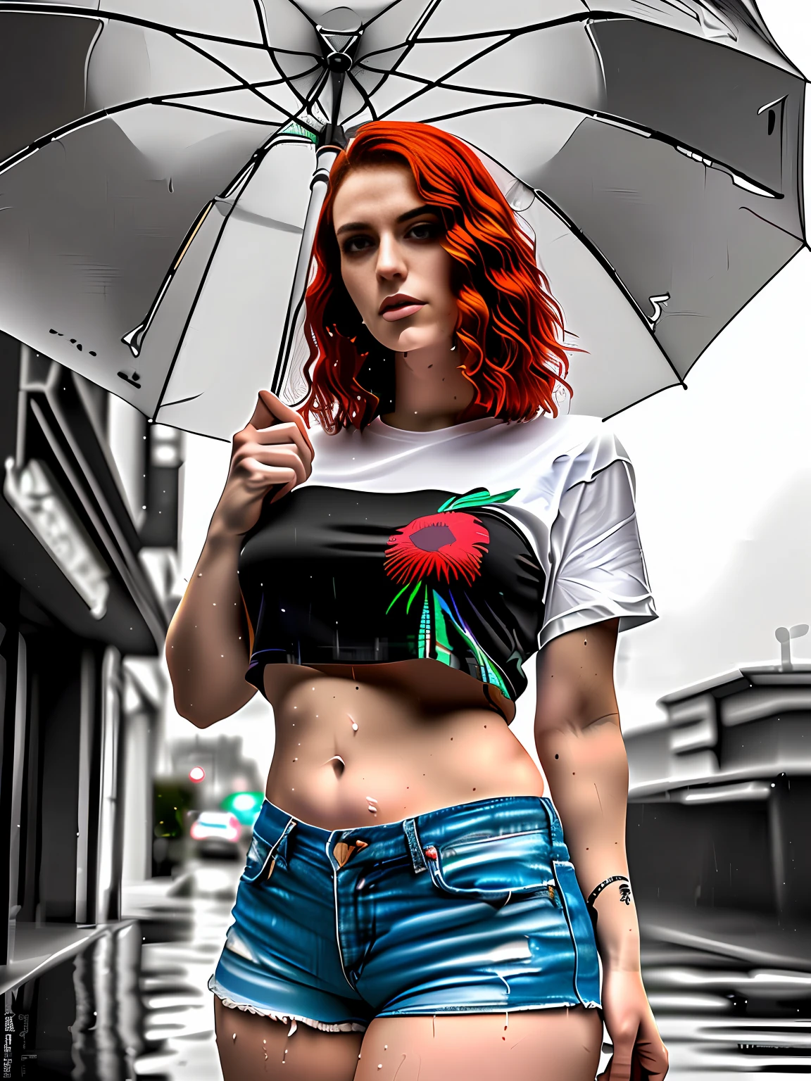 Beautiful woman with wavy red hair Detailed attractive eyes Long and sexy legs between thick thighs wearing tiny shorts T-shirt with Beatles band print, in beautiful futuristic cyberpunk city +, mist, wet, raining, best quality masterpiece, photorealistic, detailed, 8k, HDR, shallow depth of field, wide light, high contrast, backlight, flower, light sparkles, chromatic aberration, sharp focus, RAW color photo
