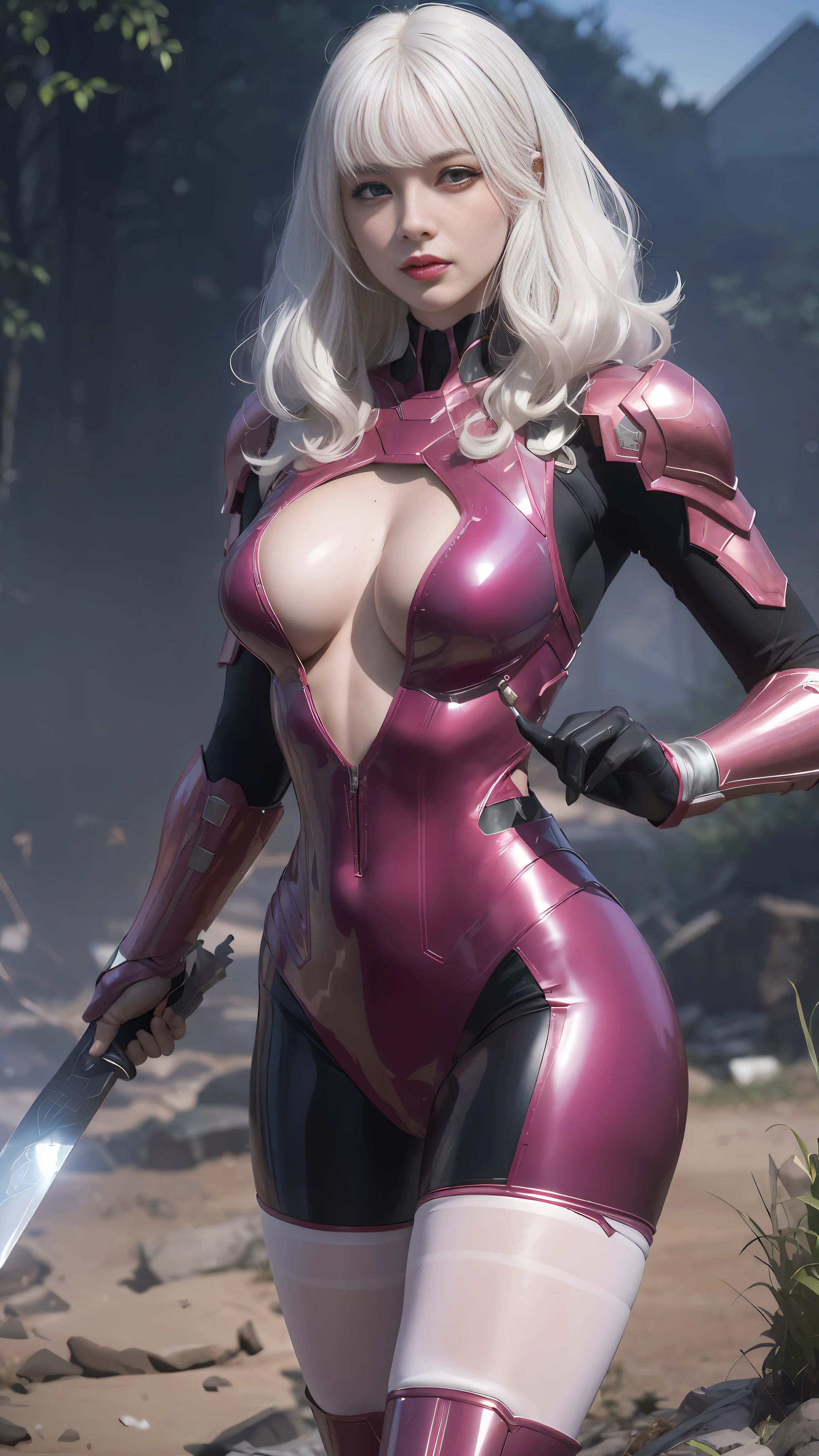 a close up of a woman in a pink and black outfit holding a knife, slick pink armor, streamlined pink armor, sharp silver armor fuchsia skin, matte pink armor, fuchsia skin beneath the armor, cutesexyrobutts, wlop glossy skin, pink body, ross tran 8 k, of a beautiful female warframe, fuchsia skin below the armor