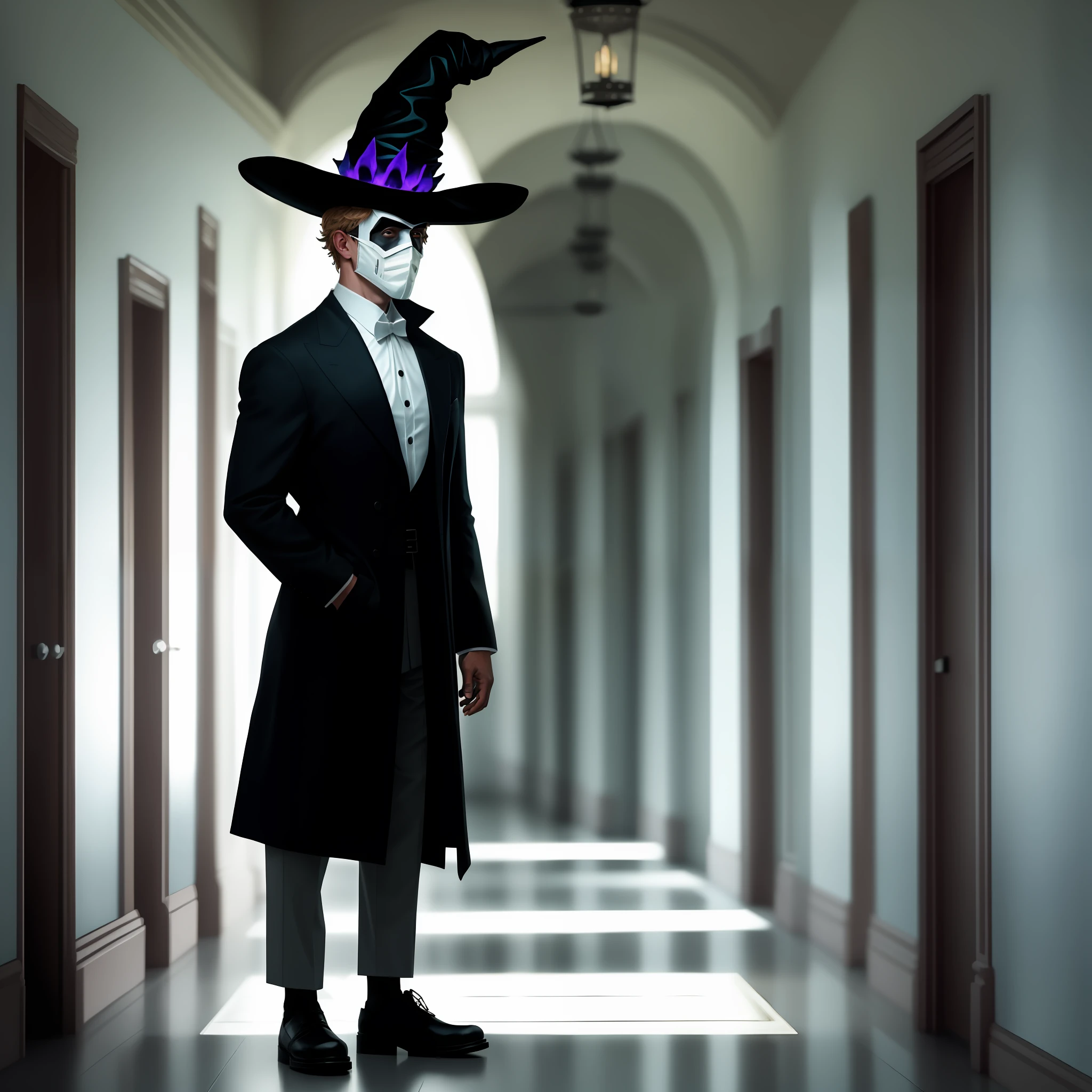 Male with white mask on with a black witches hat on head standing in a hallway