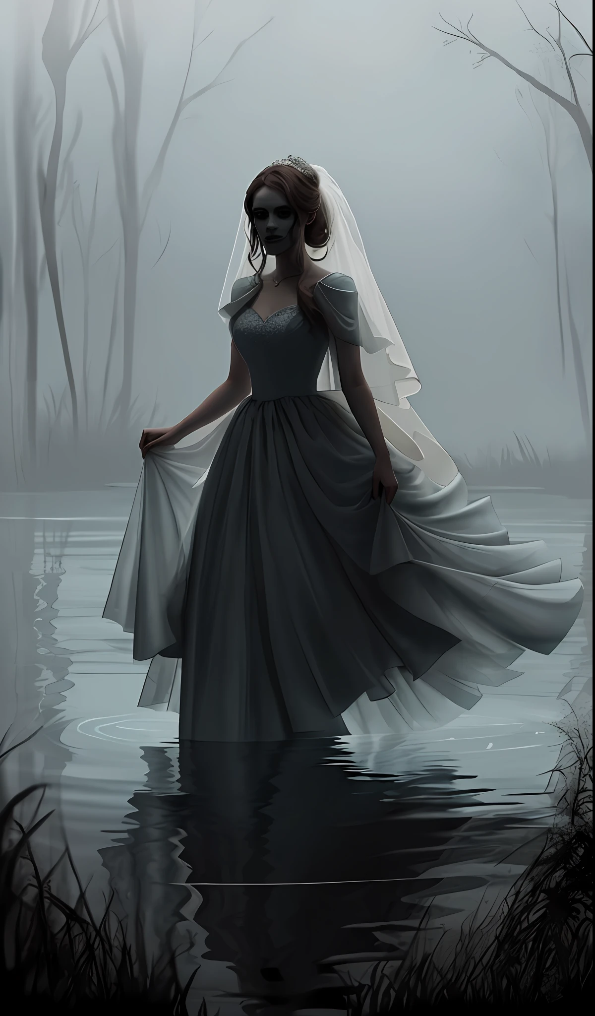 Scary scary scarer woman in translucent wedding dress in dark swampy pool