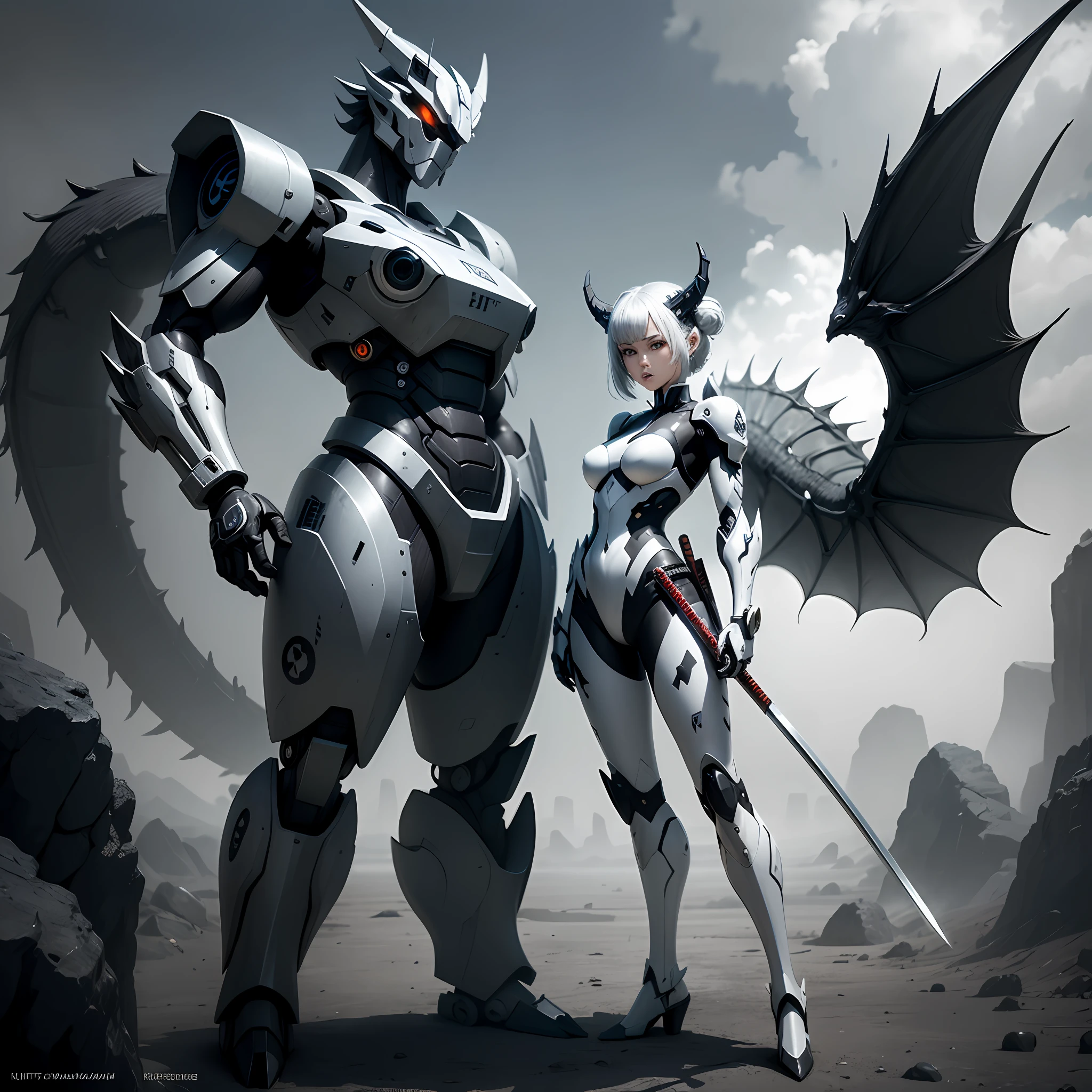 mecha dragon, shapeshifter, black and white, katana --auto