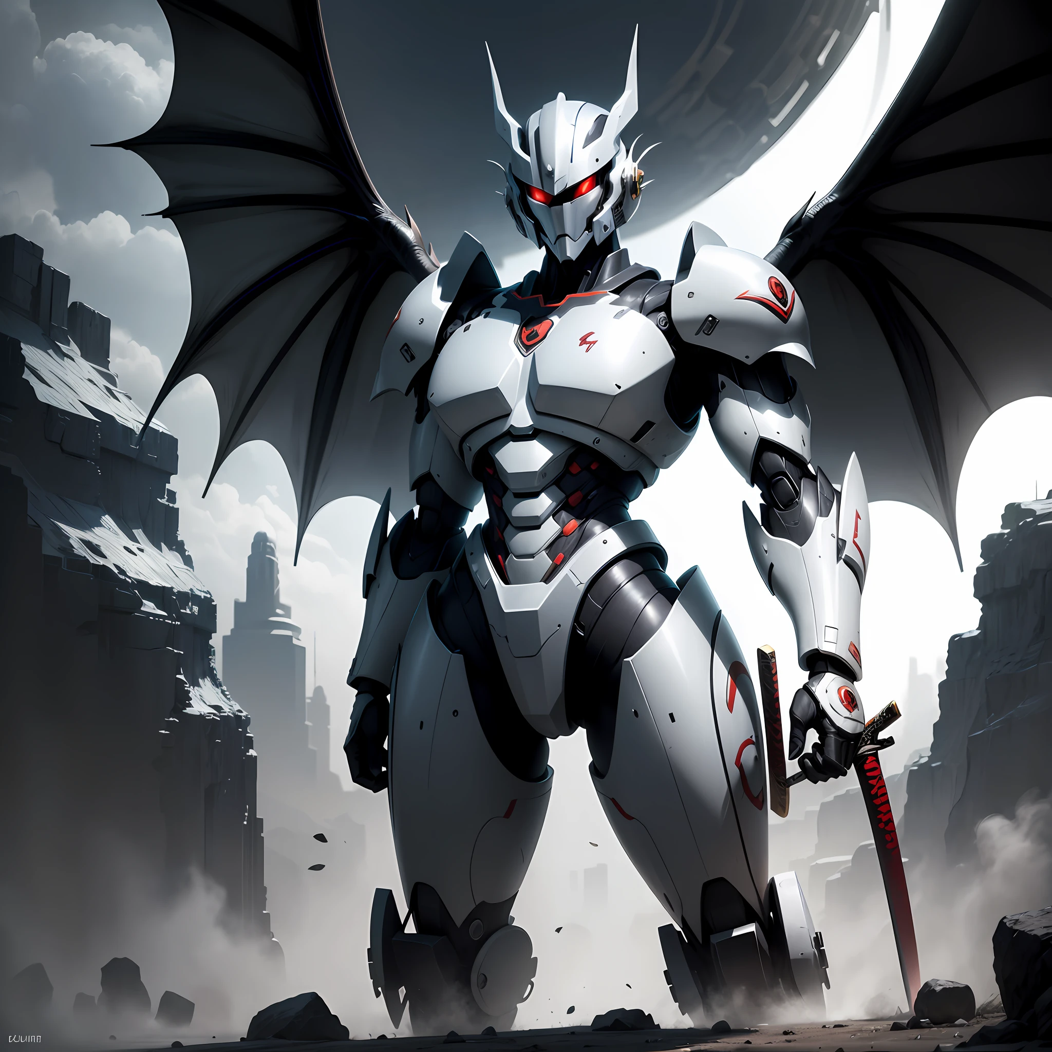 mecha dragon, shapeshifter, black and white, katana --auto