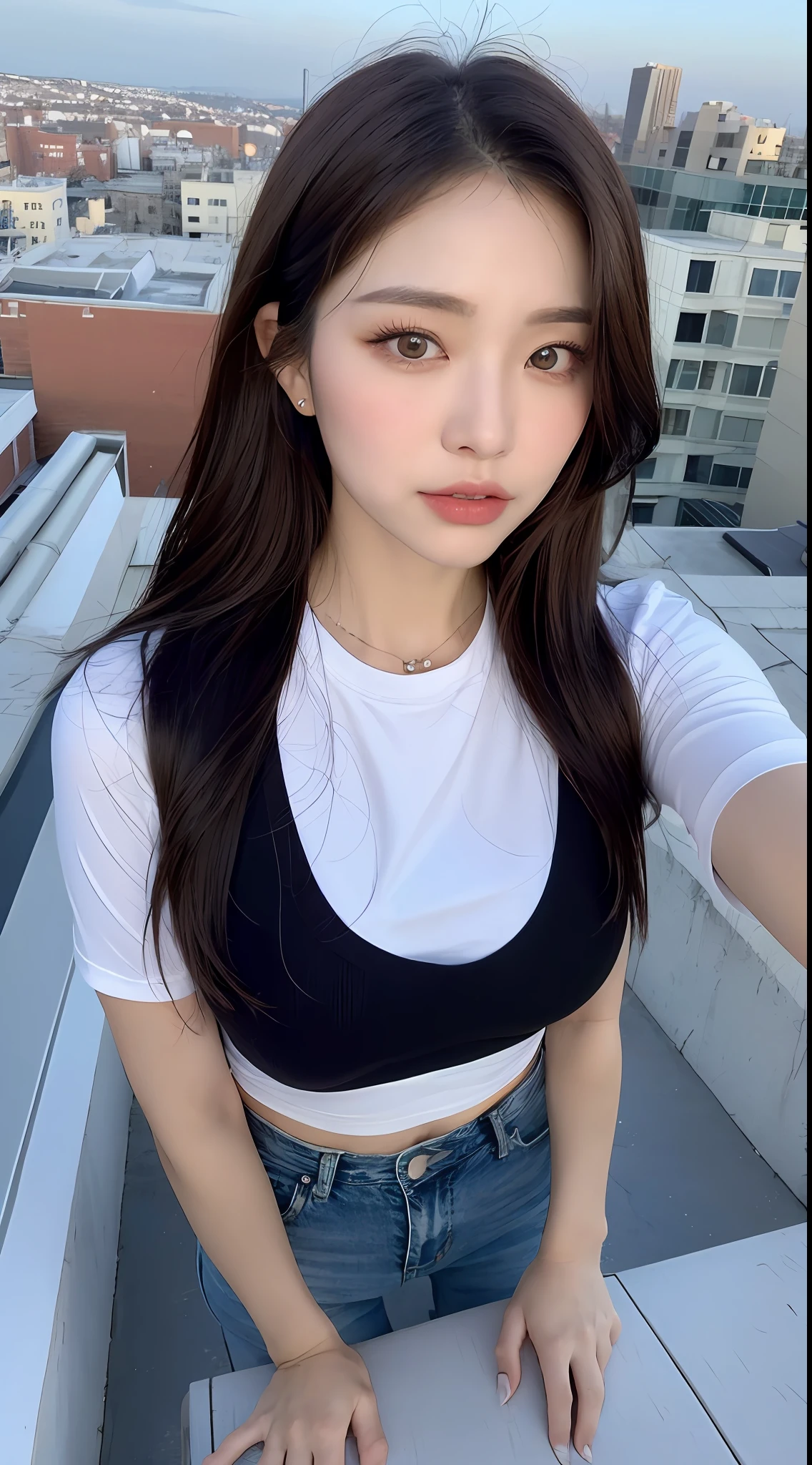 ((Midnight, Best quality, 8k, Masterpiece :1.3)), Whole body, Long legs, Sharp focus :1.2, A pretty woman with perfect figure :1.4, Slender abs :1.1, ((Dark brown hair, Big breasts :1.2)), (White tight tshirt, Jean bib, Standing:1.2), ((Night city view, Rooftop:1.3)), Highly detailed face and skin texture, Detailed eyes, Double eyelid