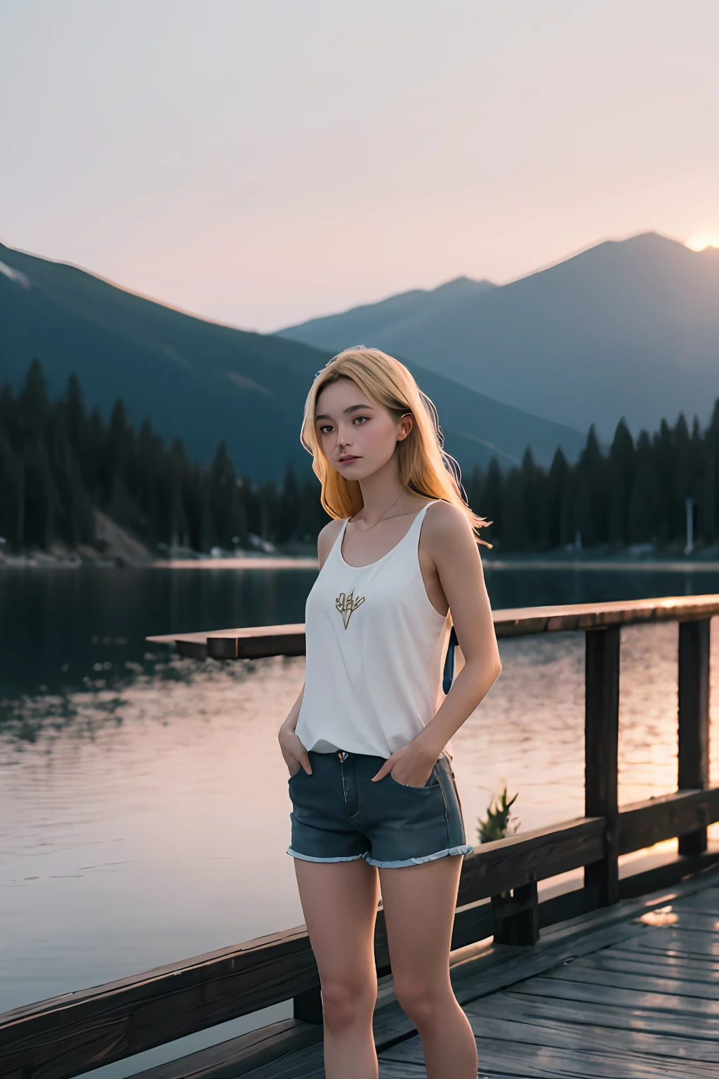 A young woman stands on a weathered wooden dock extending over a still mountain lake at dusk. Dressed in cutoff denim shorts and a loose white tank top, she gazes pensively over the glassy waters with hands in her pockets. Her long honey-blonde hair glows in the golden light of the setting sun. A sense of peace and solitude pervades this high alpine scene at day's end as the sky fades into pastel hues and the loons begin their plaintive calls,
filmg,