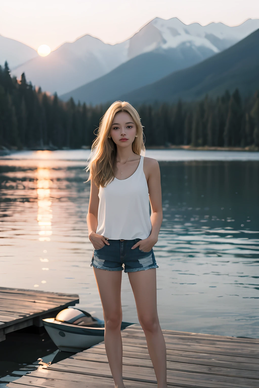 A young woman stands on a weathered wooden dock extending over a still mountain lake at dusk. Dressed in cutoff denim shorts and a loose white tank top, she gazes pensively over the glassy waters with hands in her pockets. Her long honey-blonde hair glows in the golden light of the setting sun. A sense of peace and solitude pervades this high alpine scene at day's end as the sky fades into pastel hues and the loons begin their plaintive calls,
filmg,