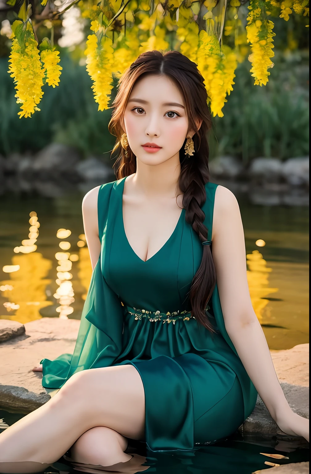 (Best quality, 8k, masterpiece: 1.3) Sitting by a lake full of lotus flowers, her feet playing in the water depicts a charming woman, melon seed face, dressed in a flowing, silky traditional oriental dress, long, aqua blue, decorated with intricate patterns and bright colors. Her dress drapes elegantly over her curvy figure, accentuating her alluring silhouette. She sits gracefully by the tranquil lotus lake, her feet playing in the water, bathed in the soft glow of the moonlight. The scene exudes an ethereal and dreamy atmosphere, with a touch of mystery and sexiness. Cast soft highlights and shadows on her charming features. Bare thighs, big breasts, three-dimensional facial features, sitting, upturned legs, side braids