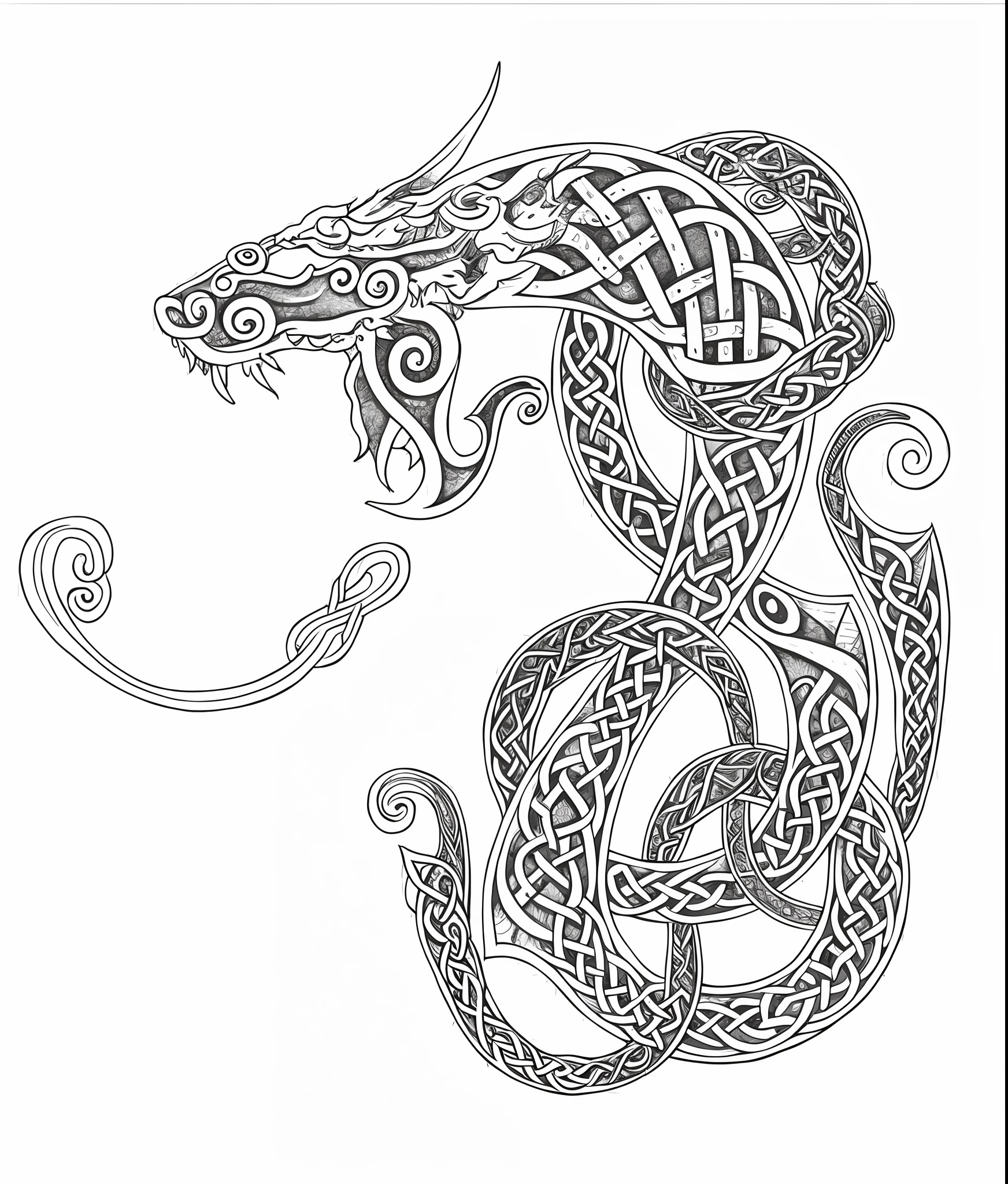 a drawing of a dragon with a celtic design on it, jörmungandr, celtic art style, jormungandr, celtic norse frankish, serpent, celtic designs, celtic art, detailed line art, detailed line work, inspired by Þórarinn B. Þorláksson, highly detailed linework, celtic antlered god