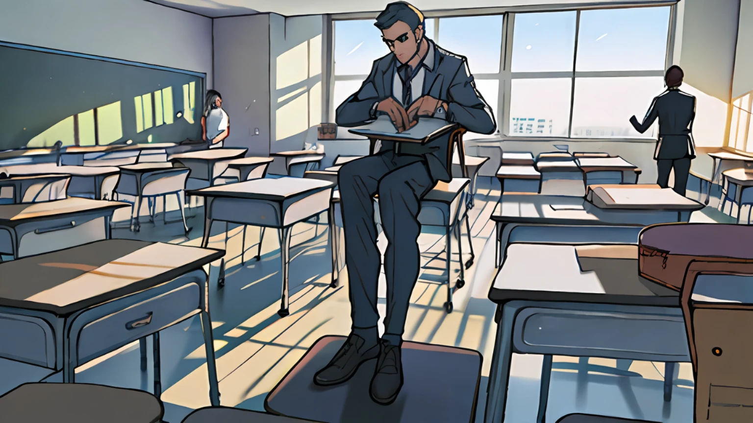 there are two men standing in a classroom with desks and chairs, standing in class, standing on a desk, in a classroom, keter class, stood in a lab, classroom in background, sitting in the classroom, student, ominous figure in the background, center focus on table, not blurry, sitting on top a table, sitting on a desk