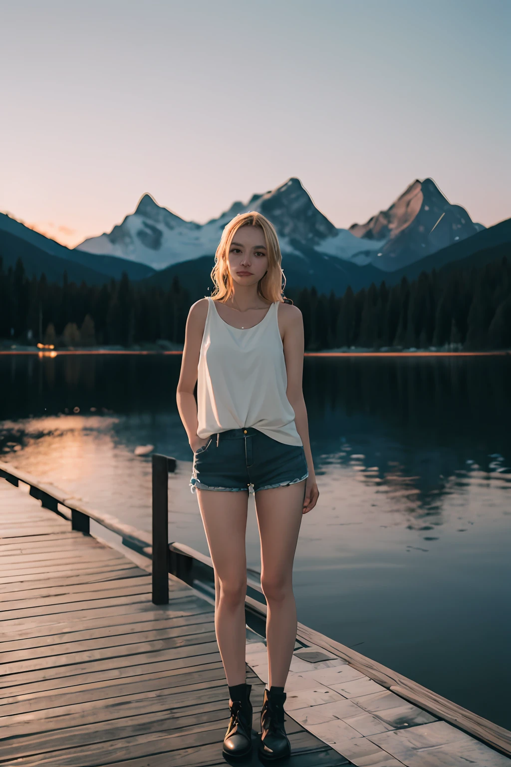 A young woman stands on a weathered wooden dock extending over a still mountain lake at dusk. Dressed in cutoff denim shorts and a loose white tank top, she gazes pensively over the glassy waters with hands in her pockets. Her long honey-blonde hair glows in the golden light of the setting sun. A sense of peace and solitude pervades this high alpine scene at day's end as the sky fades into pastel hues and the loons begin their plaintive calls,
filmg,