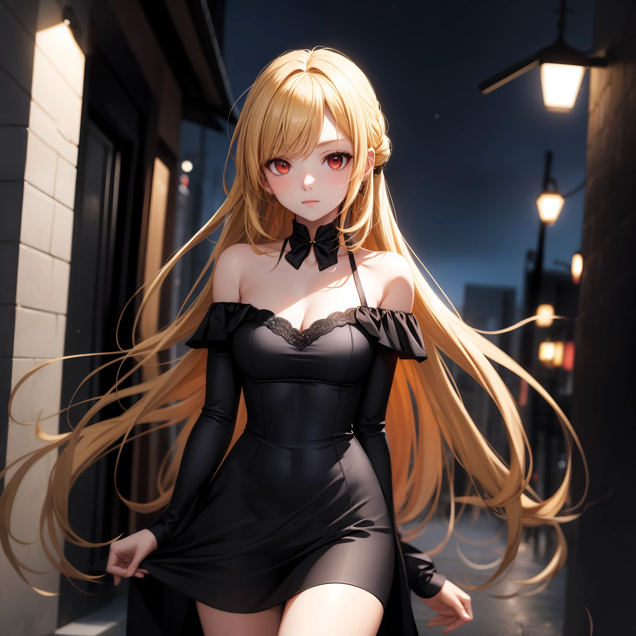 anime, girl single, blonde, red eyes, black dress, off shoulder, black feathers on back, night