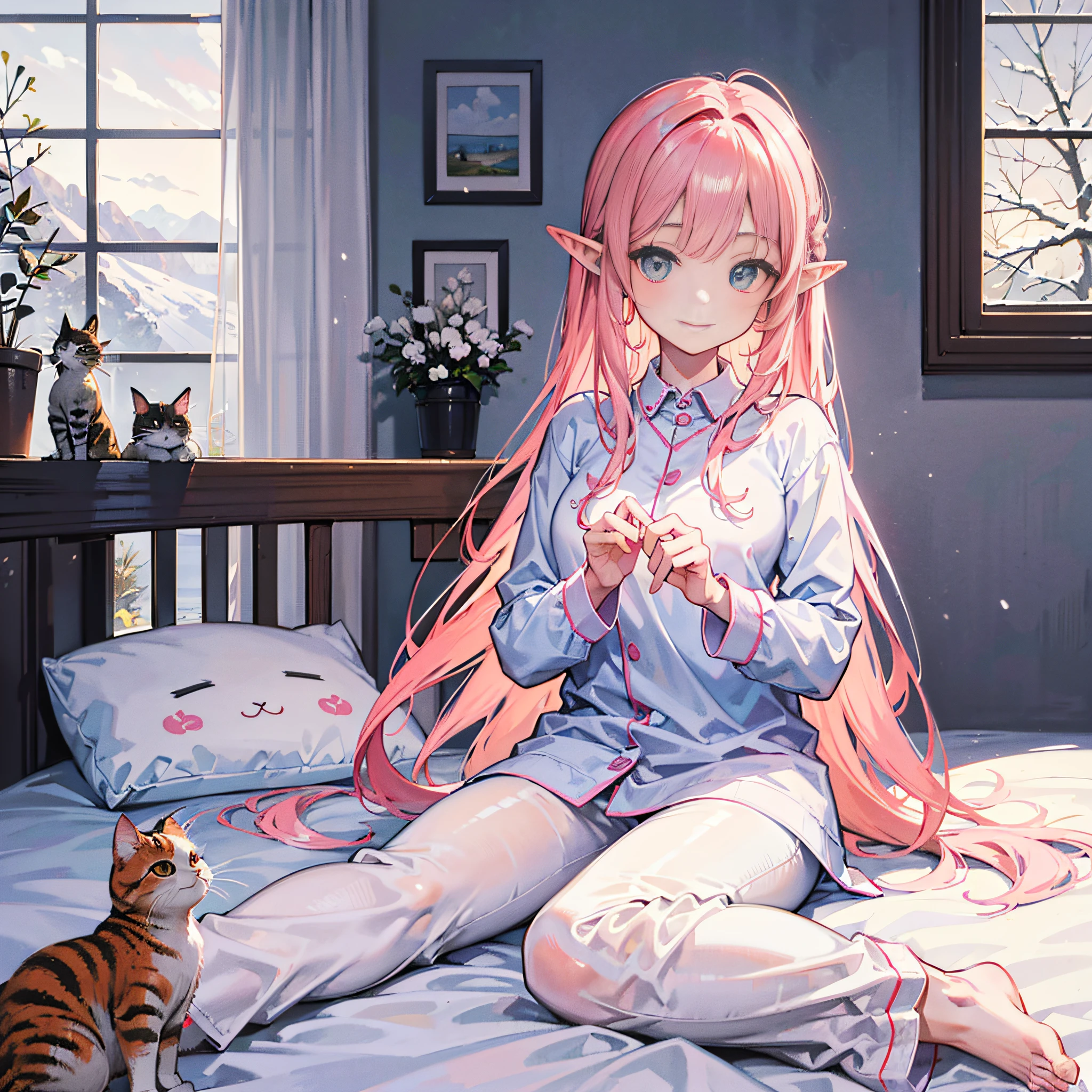 Masterpiece, skeleton faithful to human anatomy, detailed illustration, waterside, smile, jade eyes, fantastic landscape, vertical elliptical face, young pretty beauty elf, thin long ears, pink long hair, straight hair, girl in white pajamas, one girl, one cat, playing with child calico, on the bed, snowy landscape outside the window,