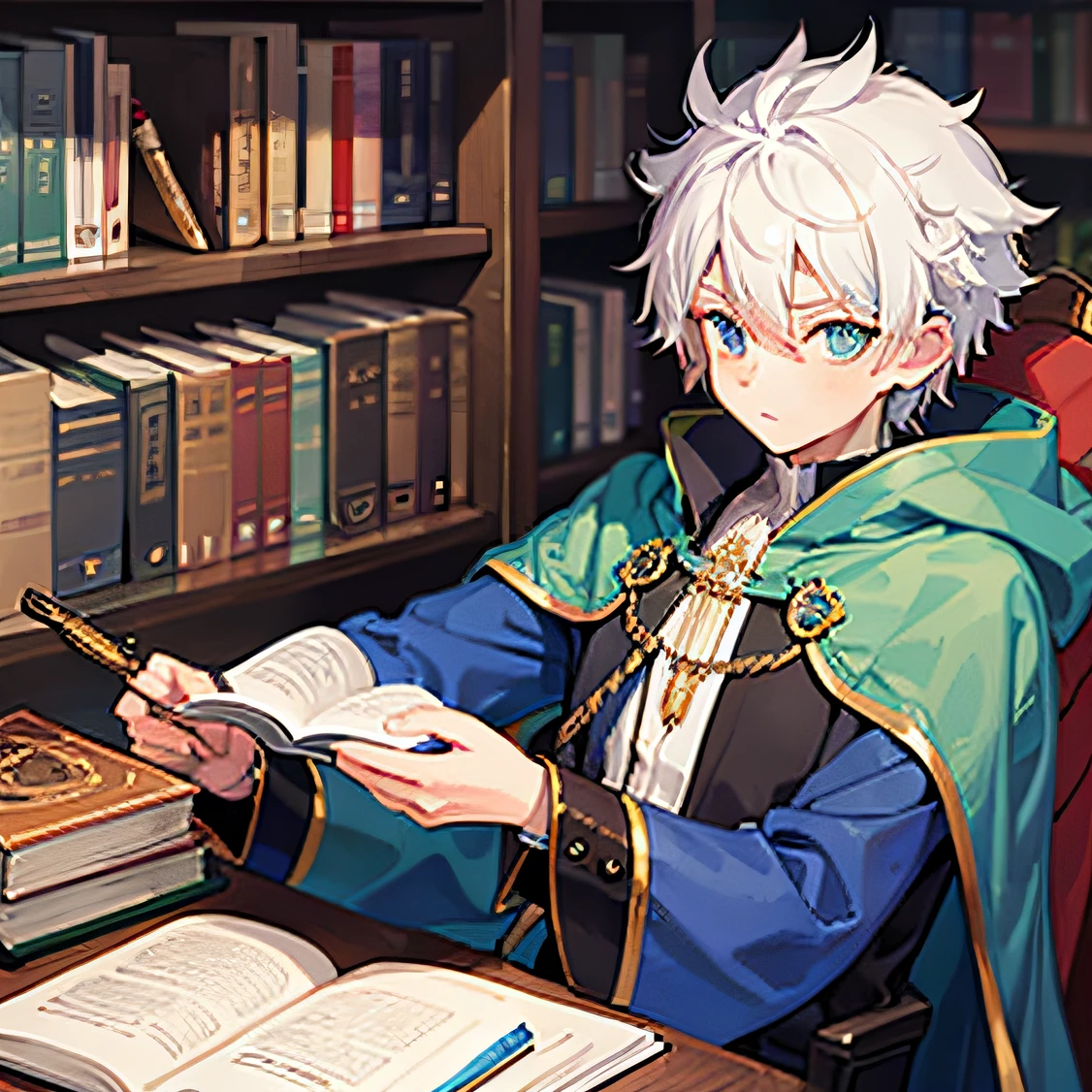 crossed legs,masterpiece, best quality, illustration, 1boy, jig eyes,cute,wizard, spiked hair,white hair,bookshelf,desk,many books,blue cloak