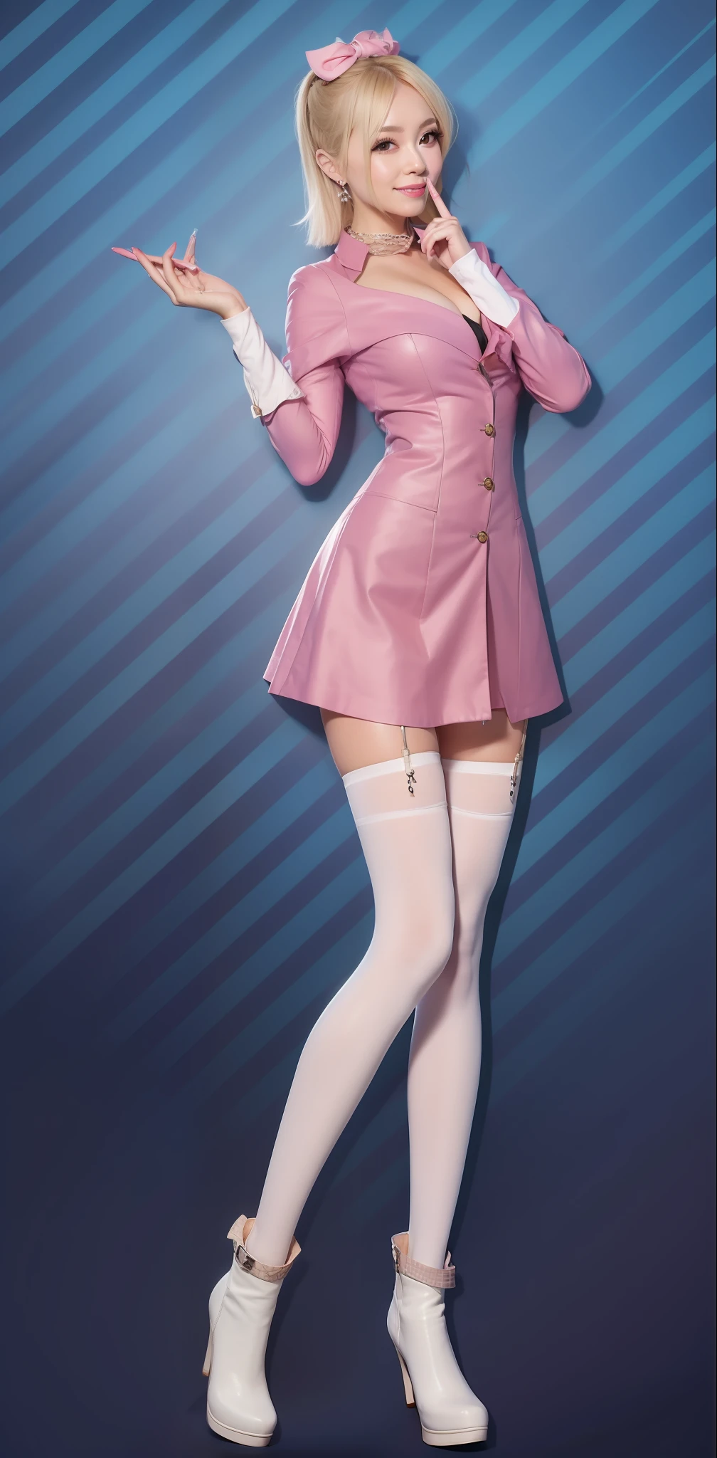 8K, masterpiece, Japan, perfect beauty, smile pink miniskirt outfit with open chest, white fishnet stockings, white leather short boots, syringe
