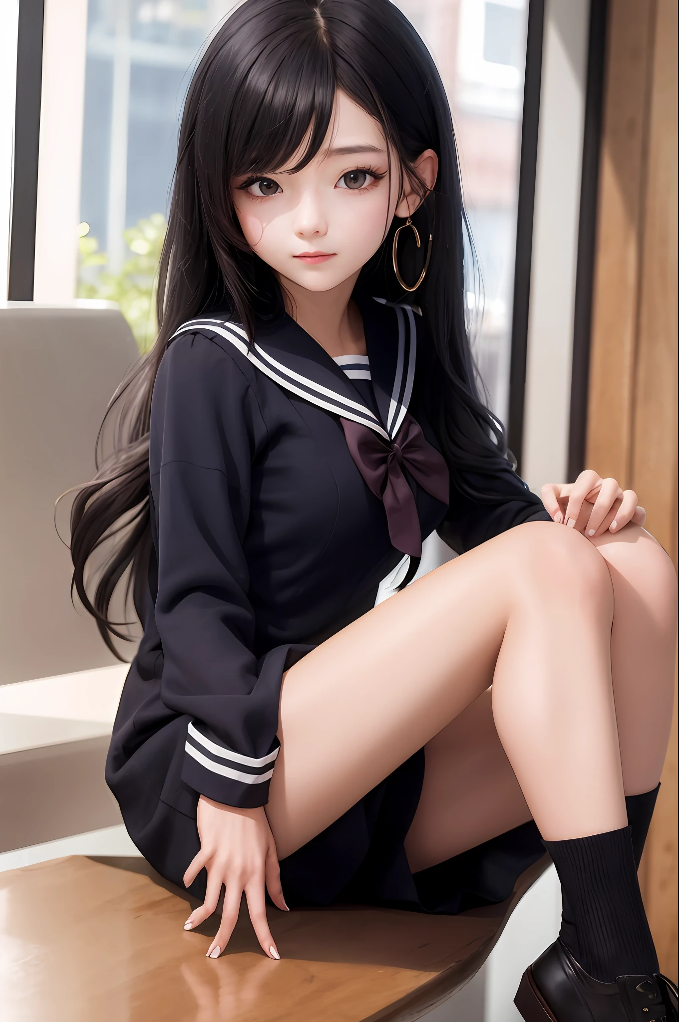 One girl, black hair, long hair, slightly curled hair, sailor suit
