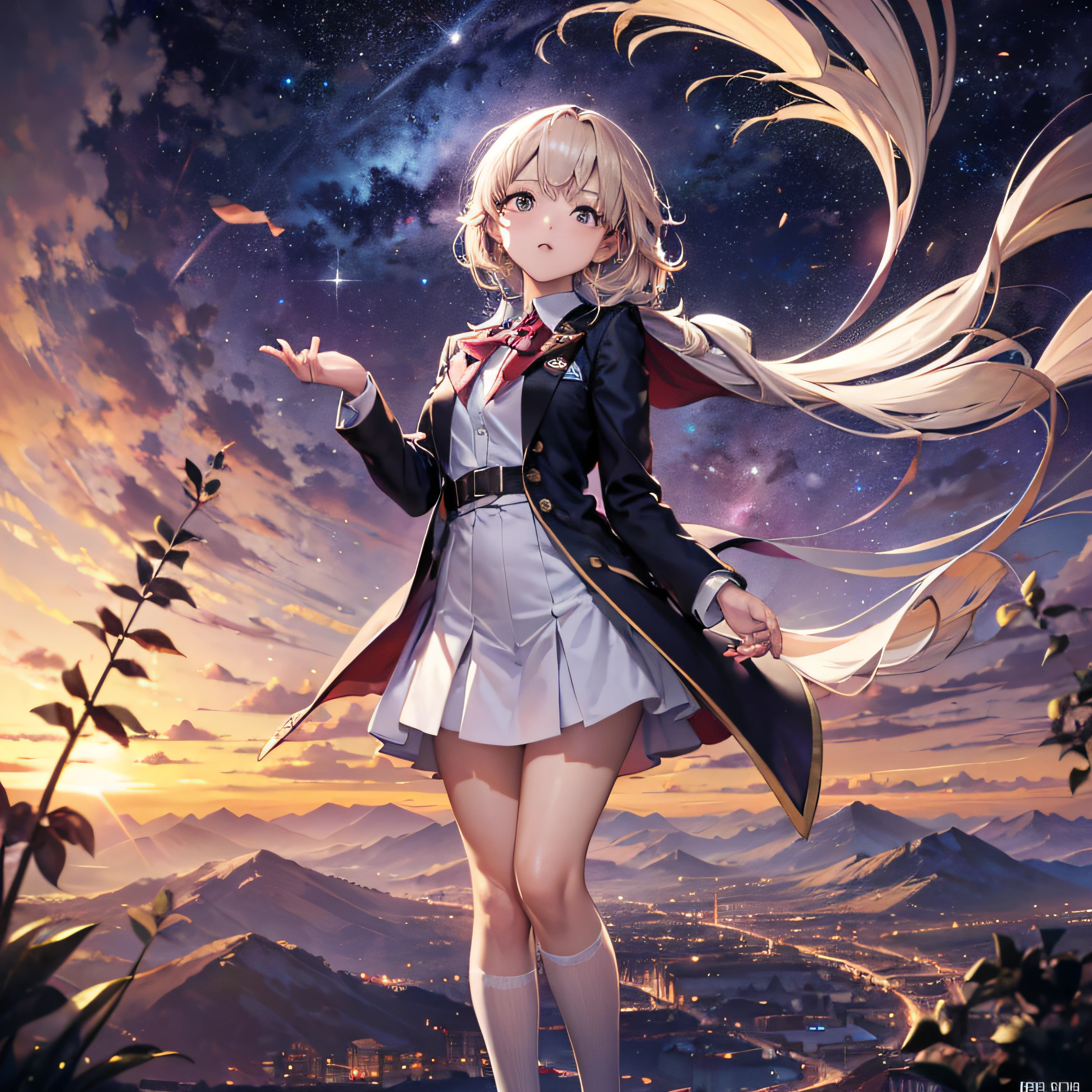 1 High resolution. (Official art, beautiful and aesthetic: 1.2). (Full body shot: 0.1). School uniform. Girl. What's your name? The vast night sky stretches over the Milky Way. A girl looks up at the night sky in one corner of the video. Hi-Res, (best_quality), (highly_detailed), (Original),(Delicate background),(Highly detailed 8K wallpaper),Cinematic Lighting, Volume Lighting, Light particles, Science Fiction,