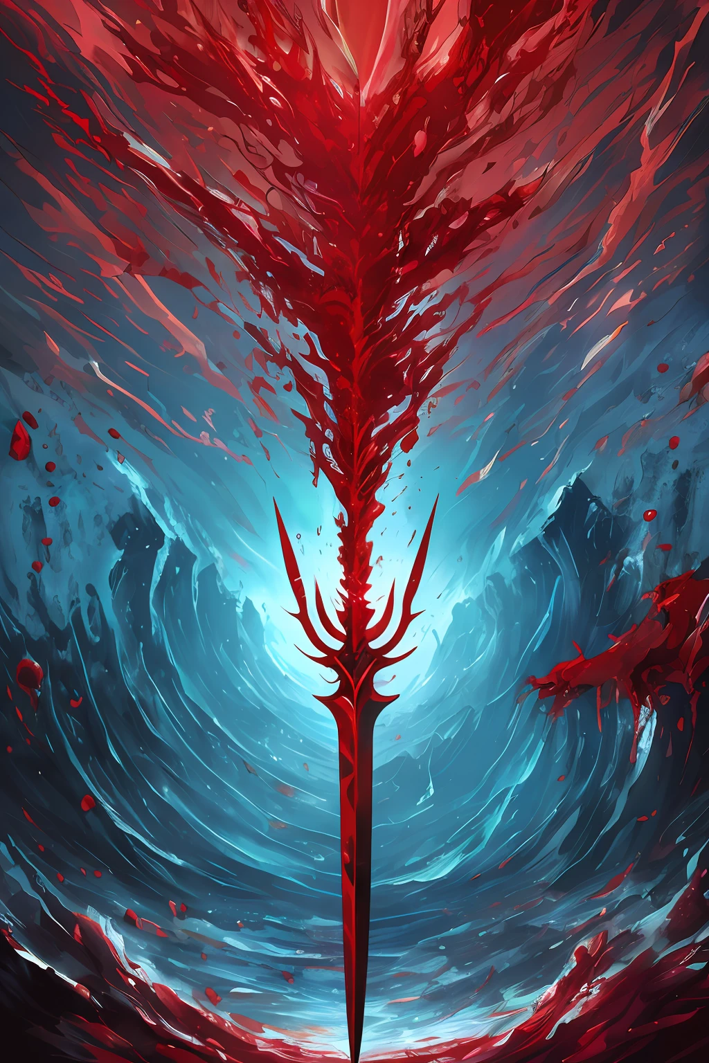 ((Blood Dagger)), (Blood Dagger), (Spear being thrown) masterpiece, ((no human presence)), (((sea of blood))).