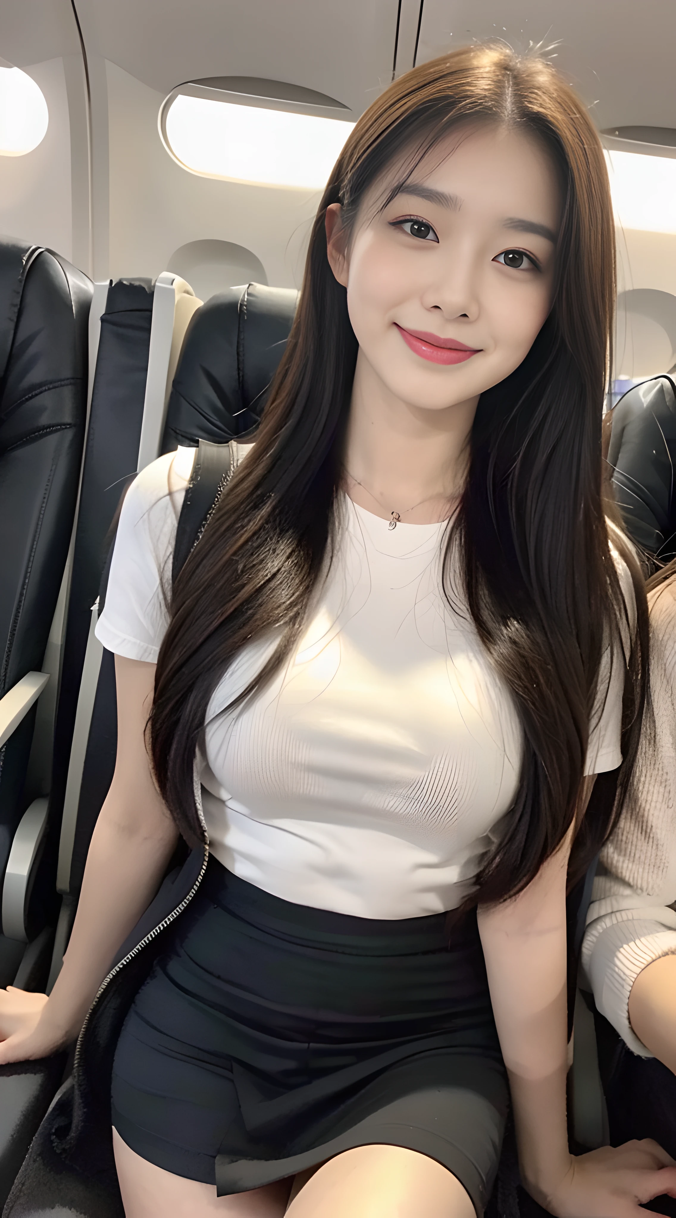 (1 cute Korean star), ((best quality, 8k, masterpiece: 1.3)), focus: 1.2, perfect body beauty: 1.4 , ((air bangs: 1.2)), (night, street: 1.3), highly detailed face and skin texture, fine eyes, double eyelids, whitened skin, (long hair: 1.3), (round face: 1.5), (short skirt, cool top matching: 1.6). Smile, on the plane