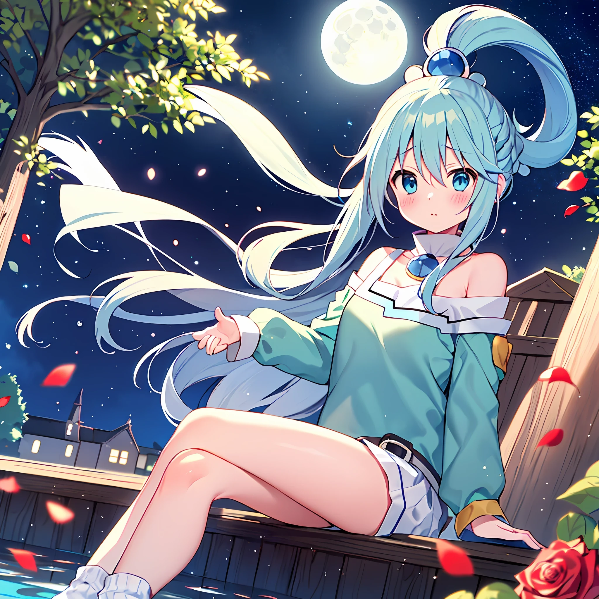 (sitting), (bow), (light blue hair), (hair), (blue eyes), big eyes, (blush), (aqua_konosuba in [ (sweater):(((no socks))):0.4]:1.2),(bare shoulder),collarbone,(white thighs:1.2),looking at the viewer,[(night:1.2),peaceful,sky ,((full moon)),stars,house,city,(in a courtyard),waterdrop,pond,(near the pond),tree,flower request,wind::0,6],(refraction of lridescent light), (floating rose petals: 1.2), dreamer