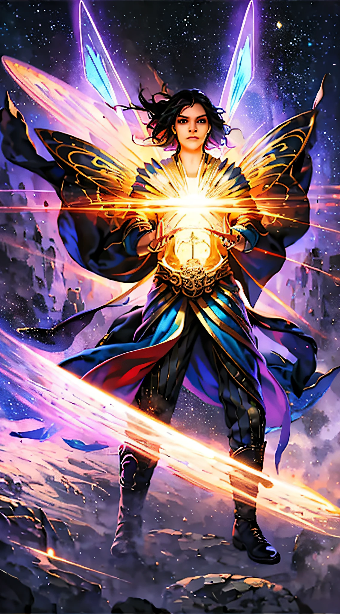(masterpiece, superior quality, best quality, official art, beautiful and aesthetic), Brazilian, black, detailed face, sexy body, long black hair, full body, violet top and pants, celestial, cosmic, extremely beautiful, highly detailed , (galactic in background), light effects, more detailed, floating particles, ancient runes, geometric patterns, witch powers, mana, shadows, fog, smoke, fantasy, charm, epic atmosphere