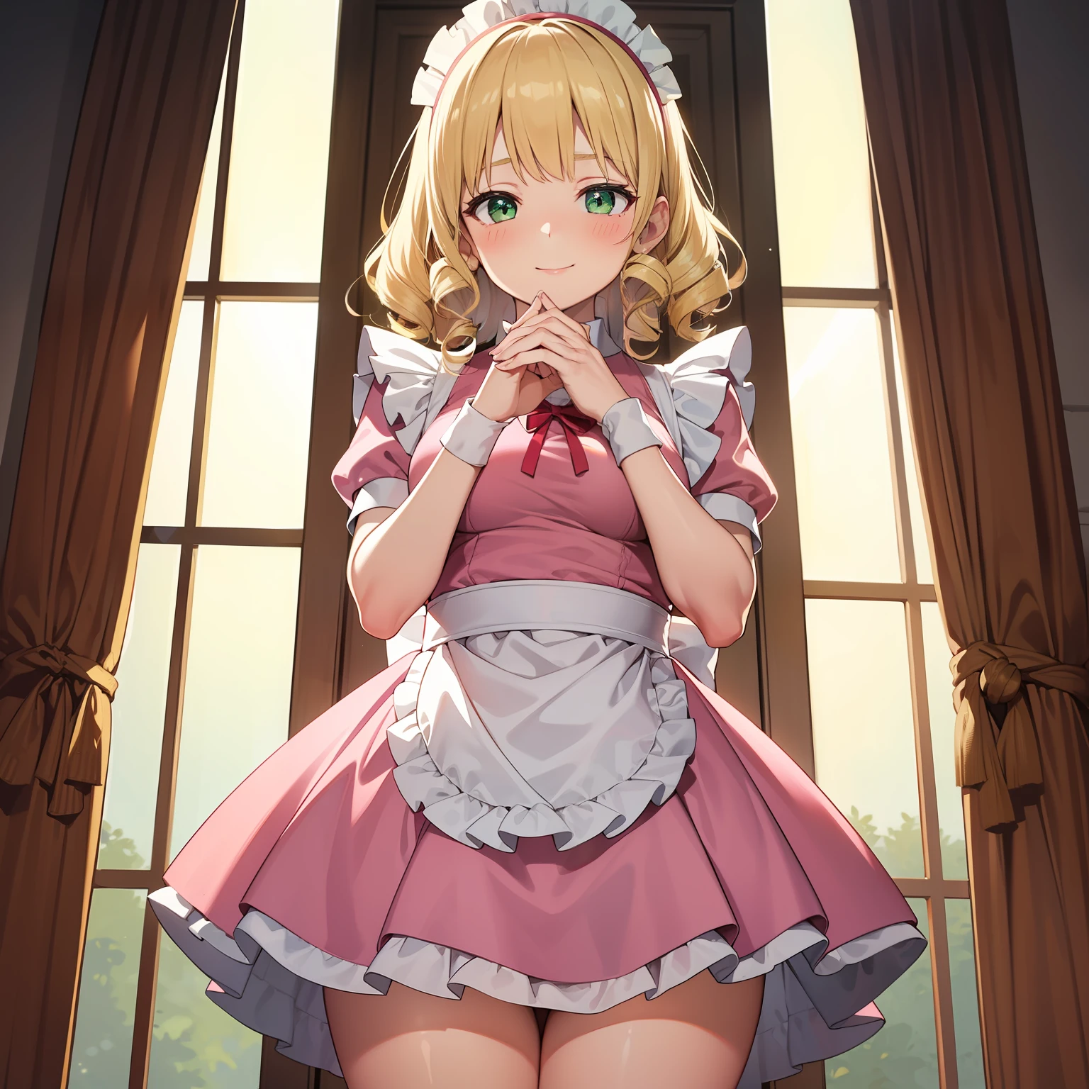 solo, 1girl, blonde hair, medium hair, green eyes, smile, standing, dynamic pose, 8k, masterpiece, best quality, perfect antomy, cinematic lighting, cowboy shot, (pink maid uniform:1.1), curly hair, blush, shy expression, hands clasped, chubby, thick thighs, small breasts